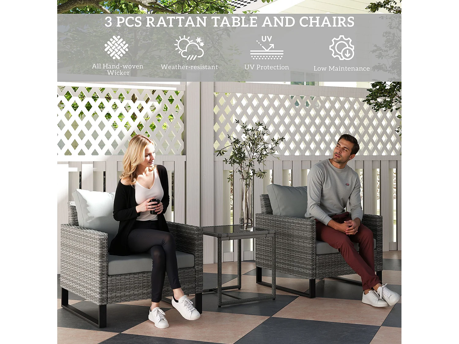 Dobaso Grey 3 Piece Rattan Bistro Set with Tempered Glass Table