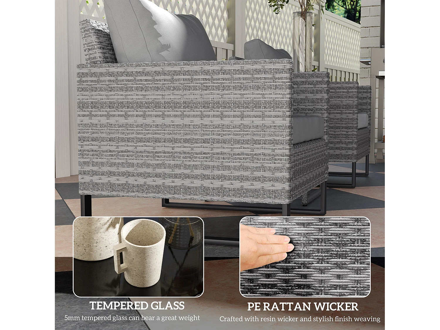 Dobaso Grey 3 Piece Rattan Bistro Set with Tempered Glass Table