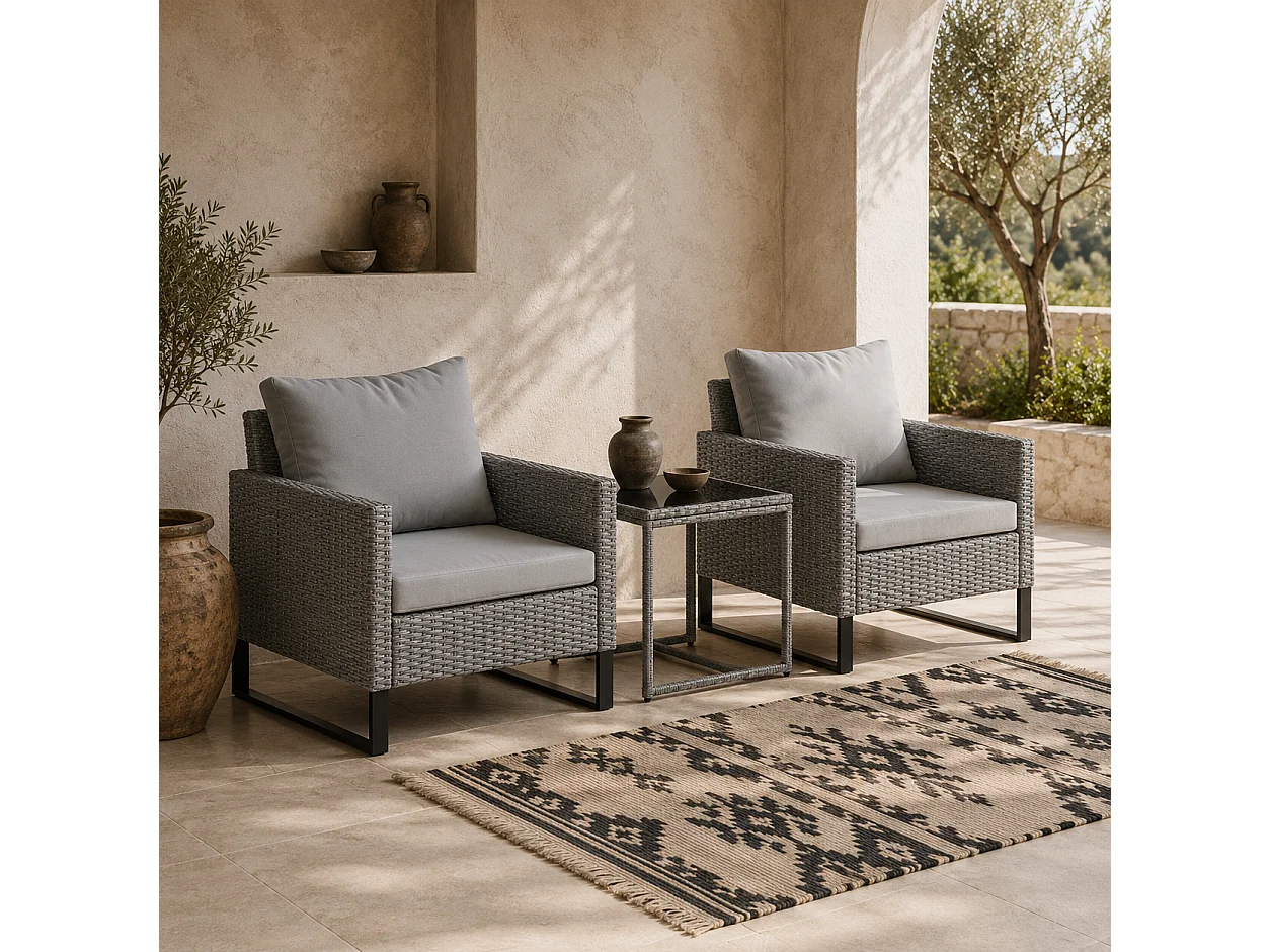 Dobaso Grey 3 Piece Rattan Bistro Set with Tempered Glass Table