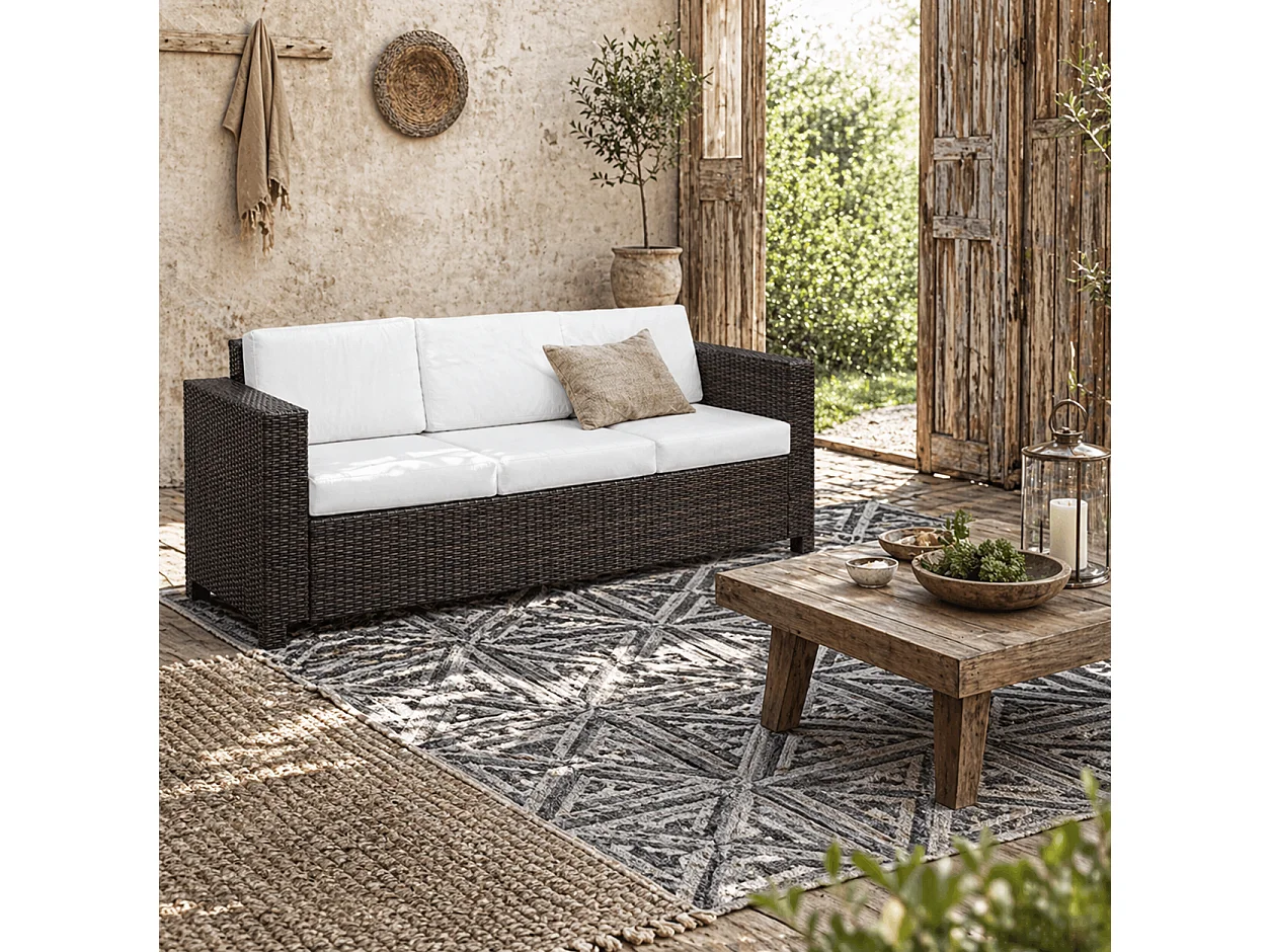 Sediri Brown PE Rattan 3 Seater Garden Sofa with Cream Cushions