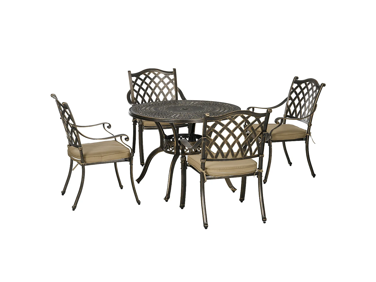 Nera Bronze Cast Aluminium 4 Seater Outdoor Dining Set with Cushions and Round Table