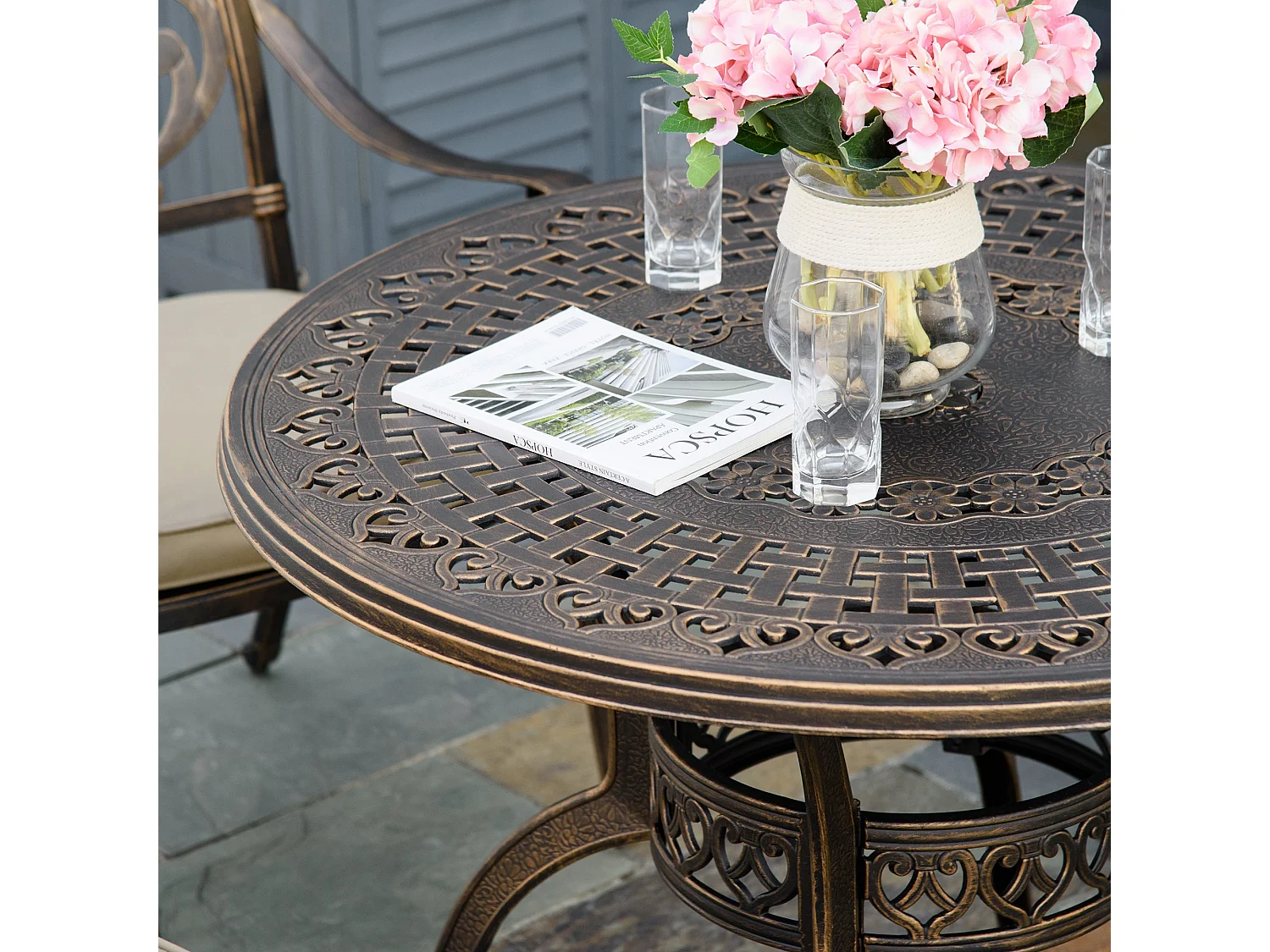 Nera Bronze Cast Aluminium 4 Seater Outdoor Dining Set with Cushions and Round Table