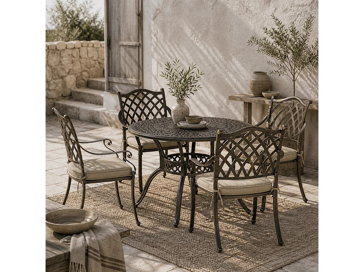 Nera Bronze Cast Aluminium 4 Seater Outdoor Dining Set with Cushions and Round Table
