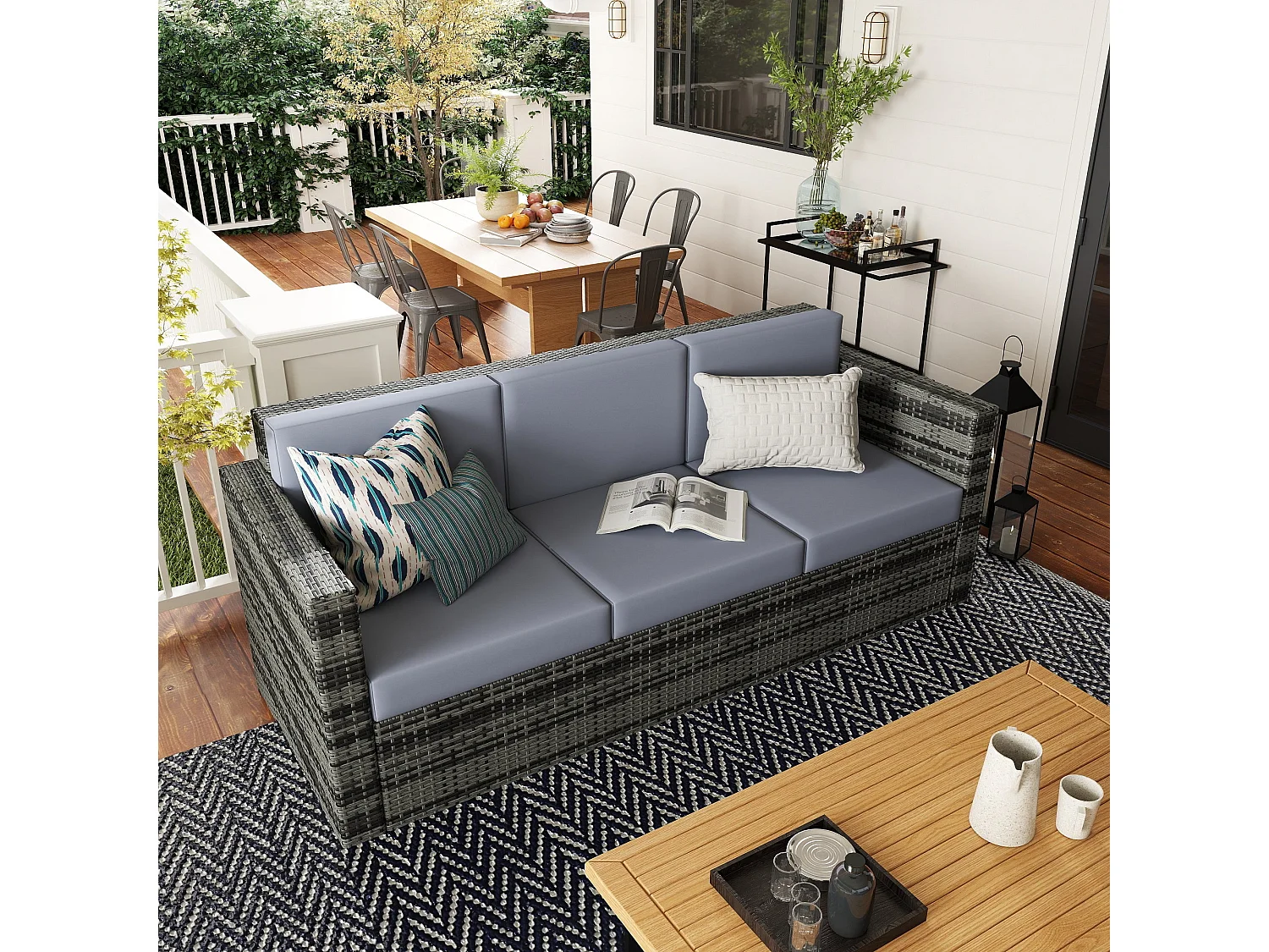 Neloro Mixed Grey 3 Seater PE Rattan Outdoor Sofa with Cushions
