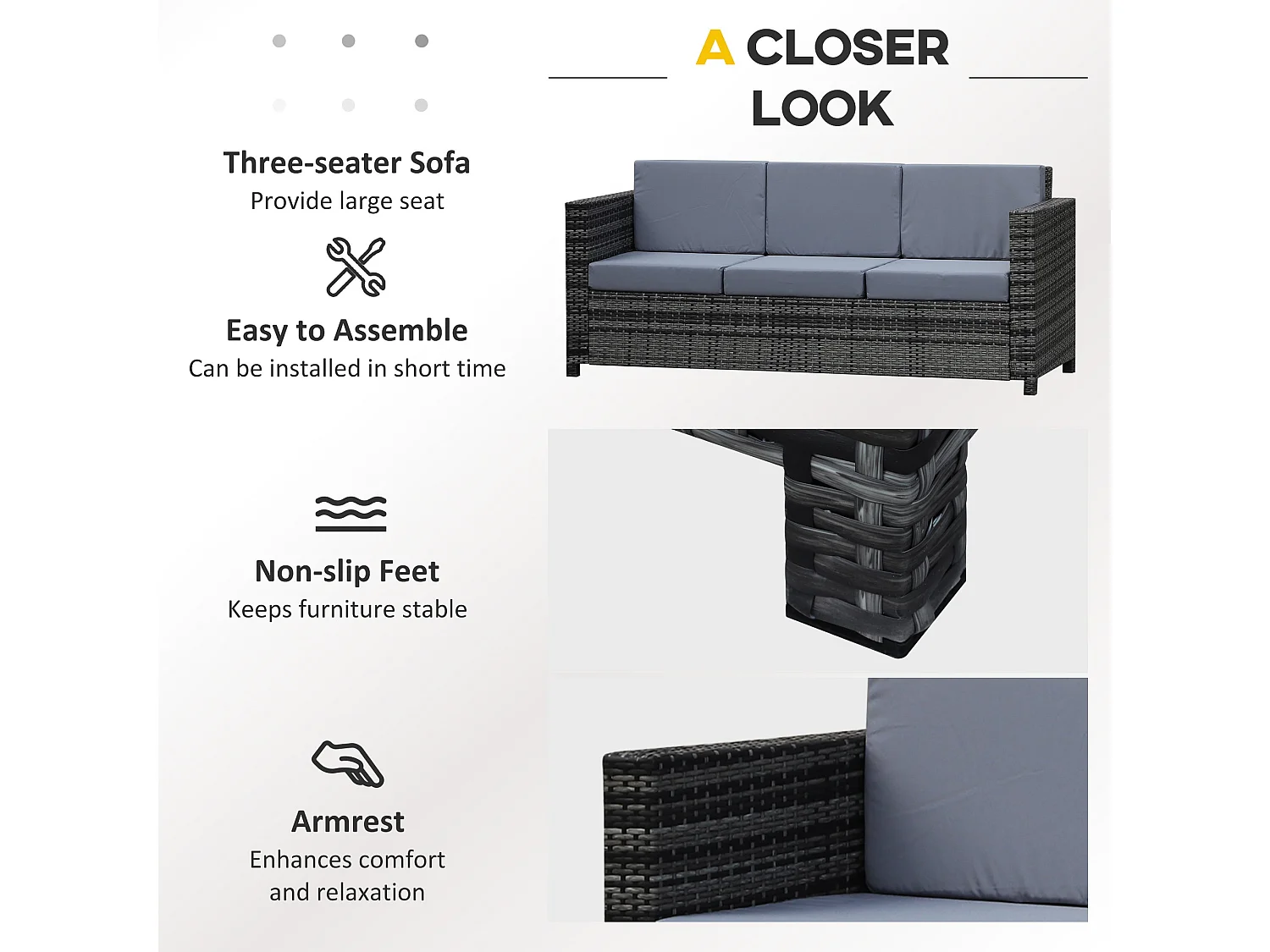 Neloro Mixed Grey 3 Seater PE Rattan Outdoor Sofa with Cushions