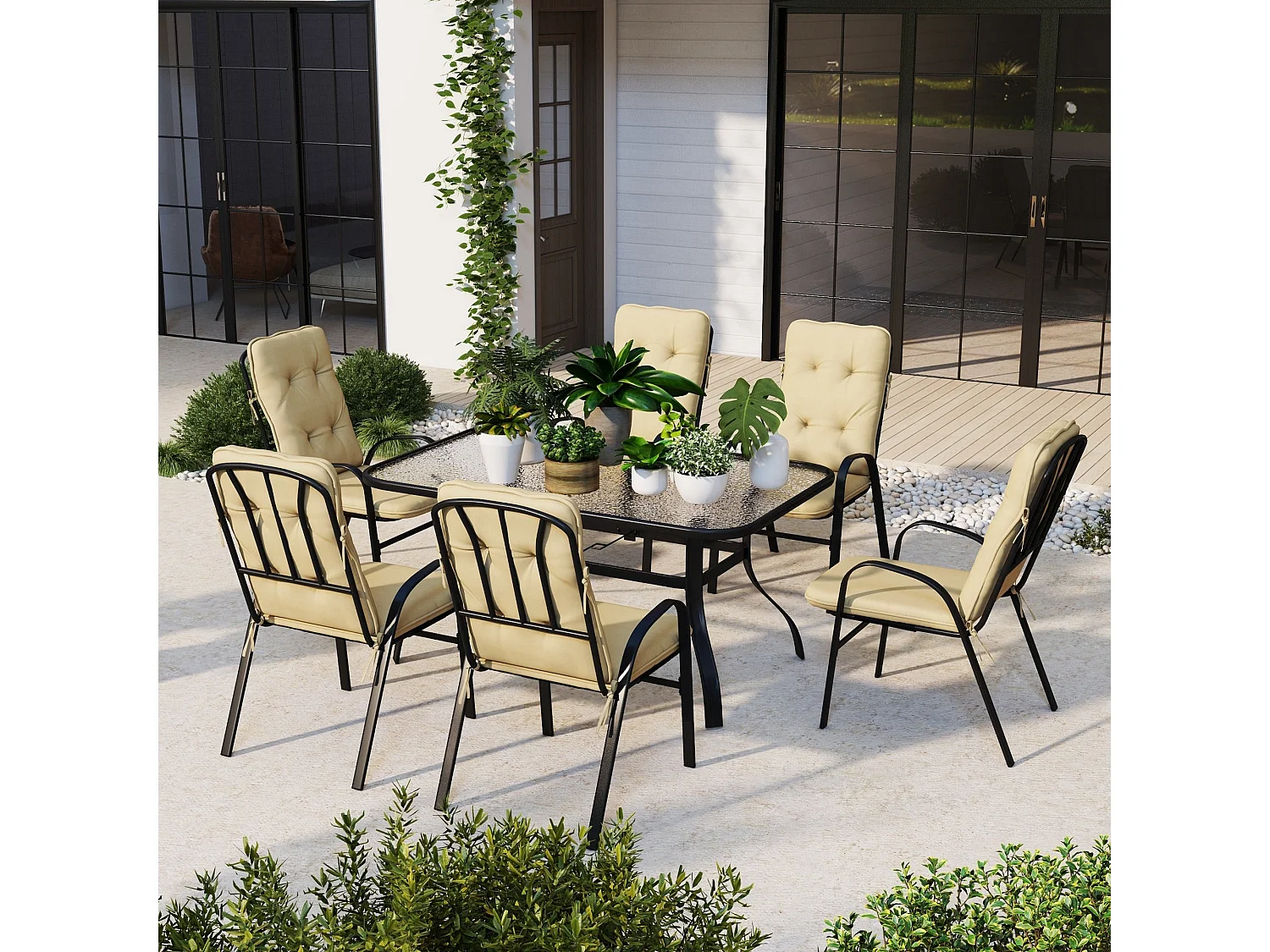 Seriva 6 Seater Cream Garden Dining Set with Black Metal Frame
