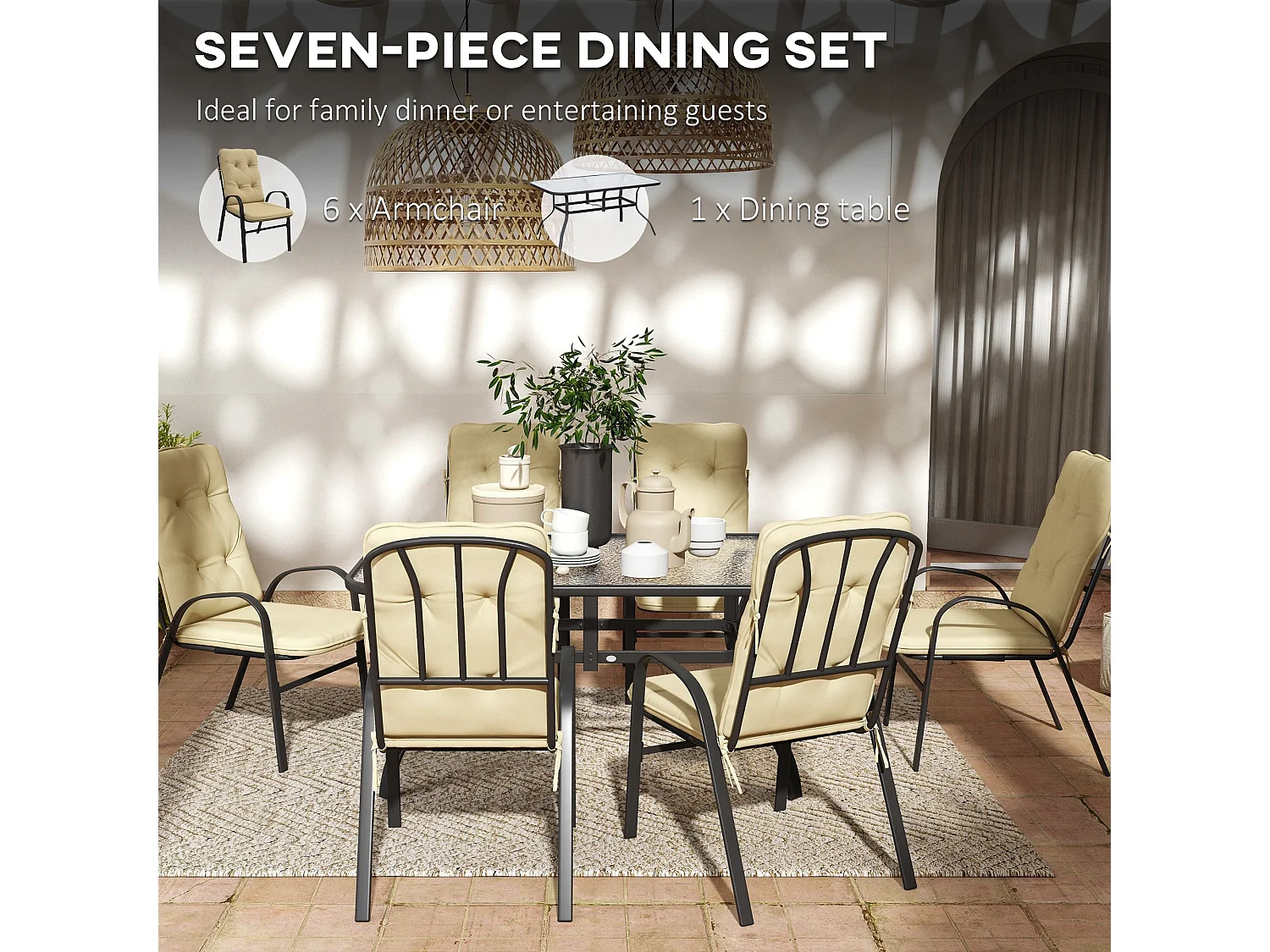 Seriva 6 Seater Cream Garden Dining Set with Black Metal Frame