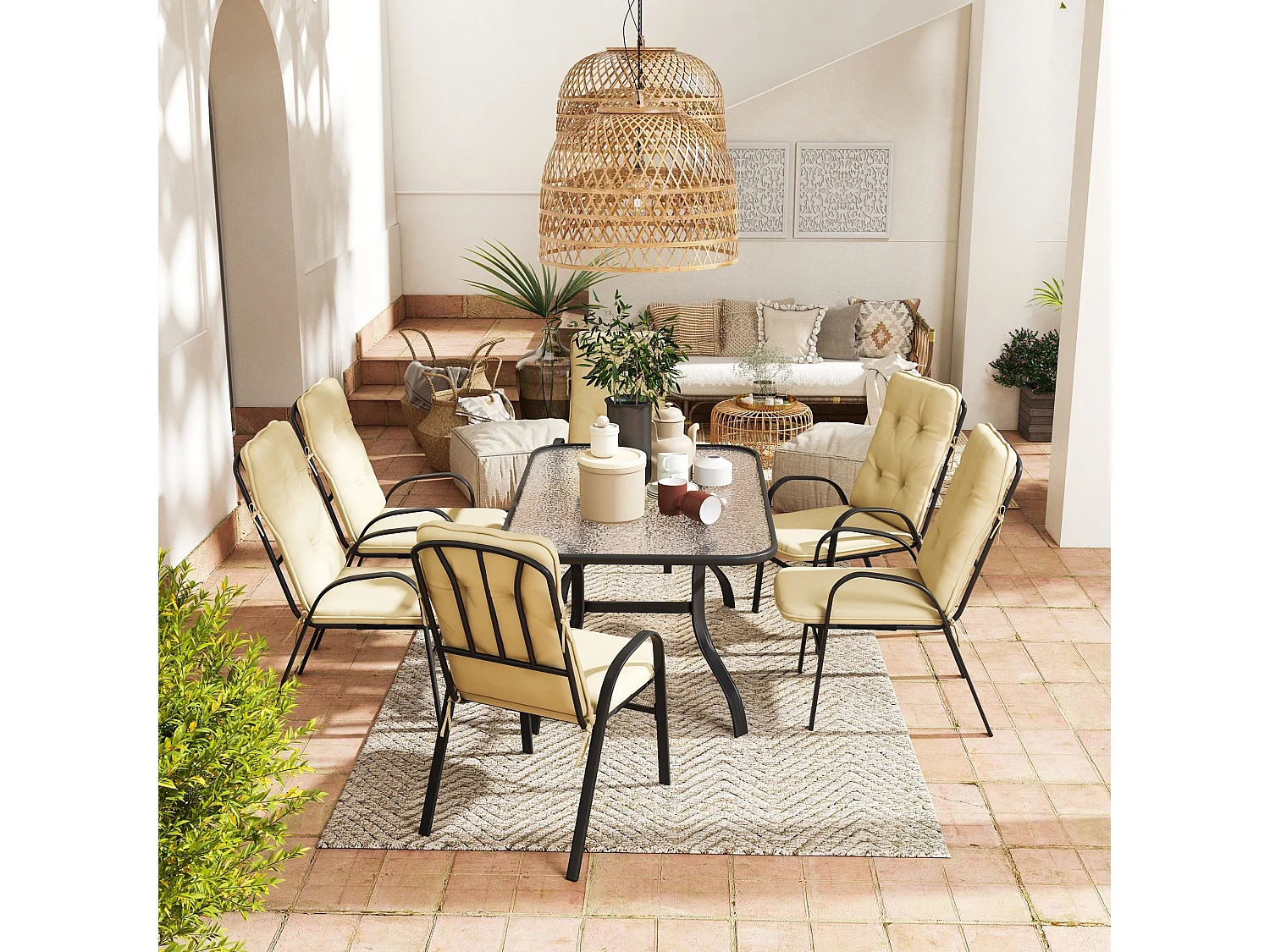 Seriva 6 Seater Cream Garden Dining Set with Black Metal Frame