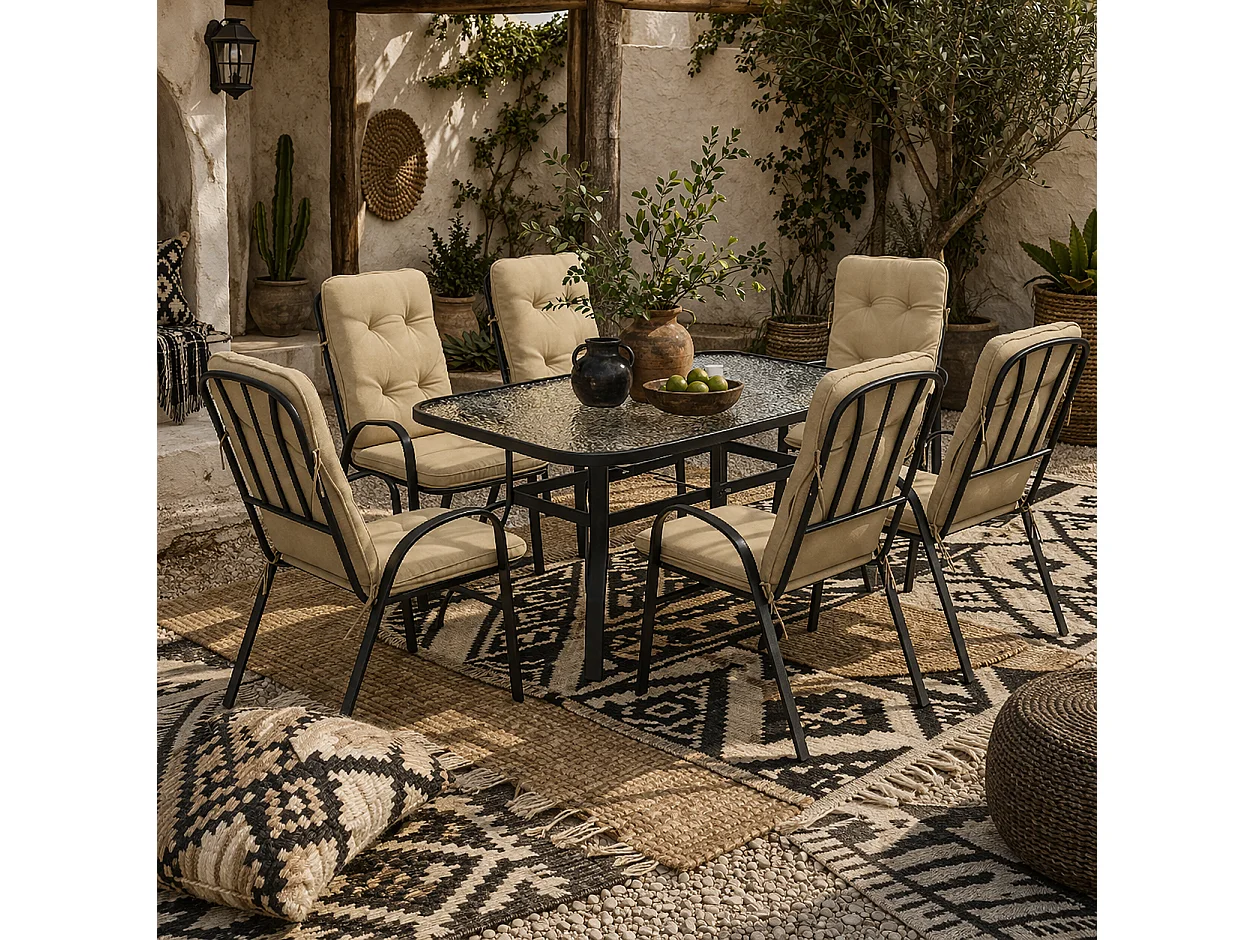 Seriva 6 Seater Cream Garden Dining Set with Black Metal Frame