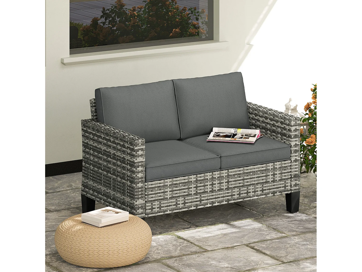 Kalazi 2 Seater Rattan Outdoor Sofa Light Grey with Cushions