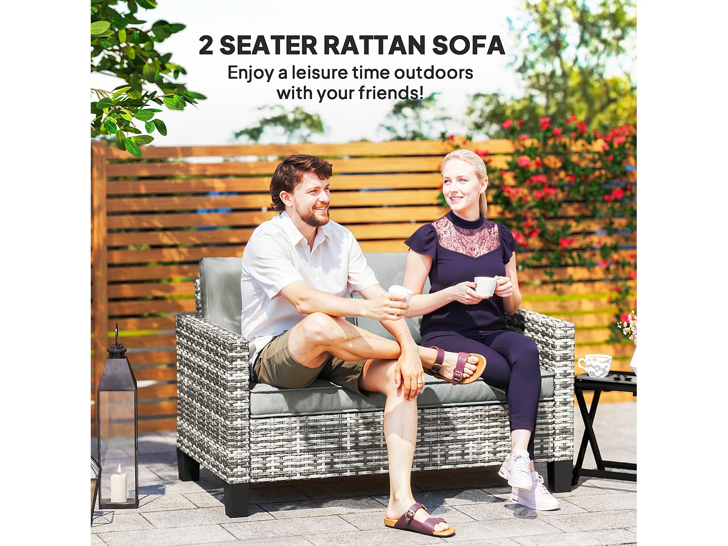 Kalazi 2 Seater Rattan Outdoor Sofa Light Grey with Cushions
