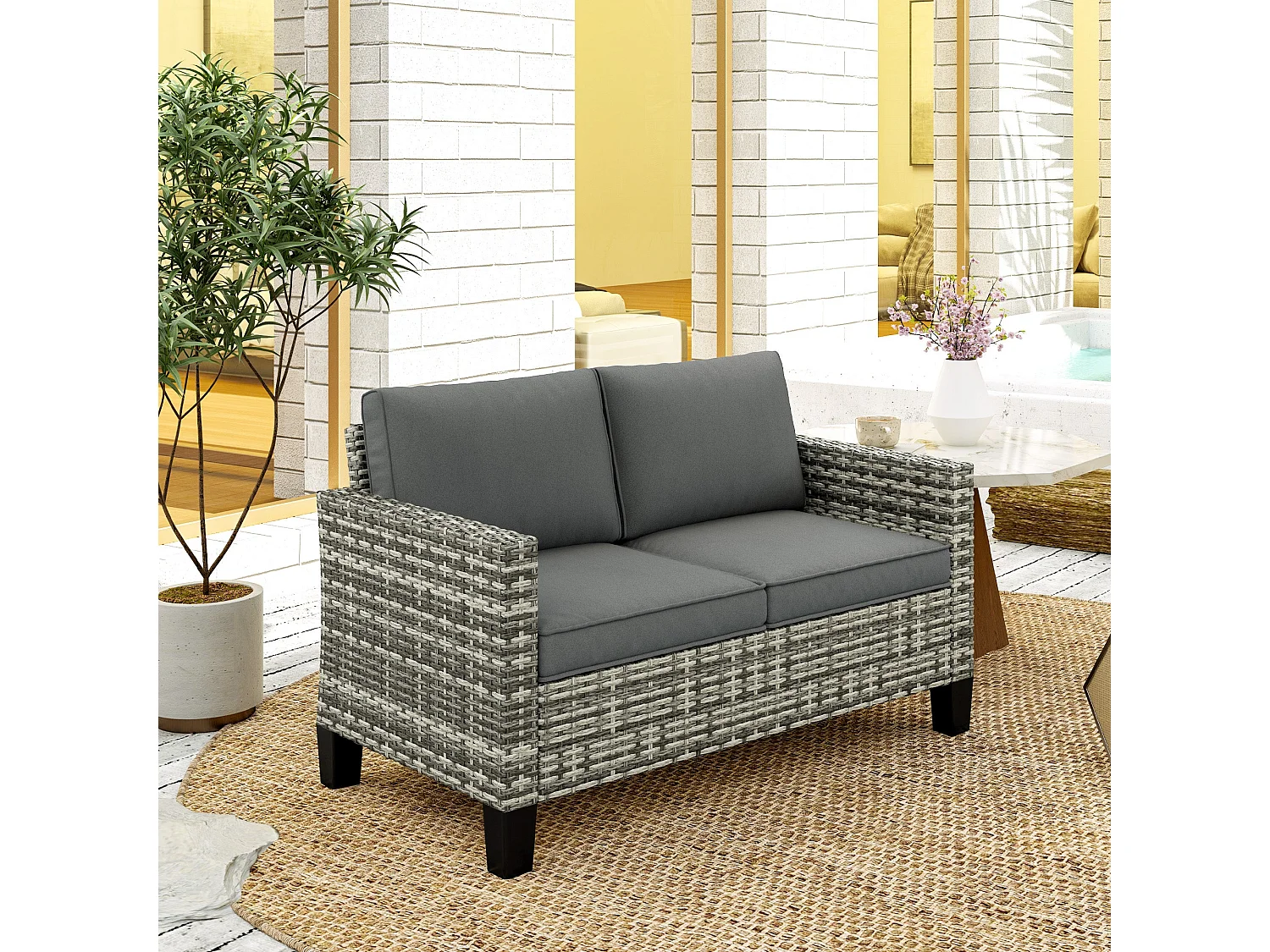 Kalazi 2 Seater Rattan Outdoor Sofa Light Grey with Cushions