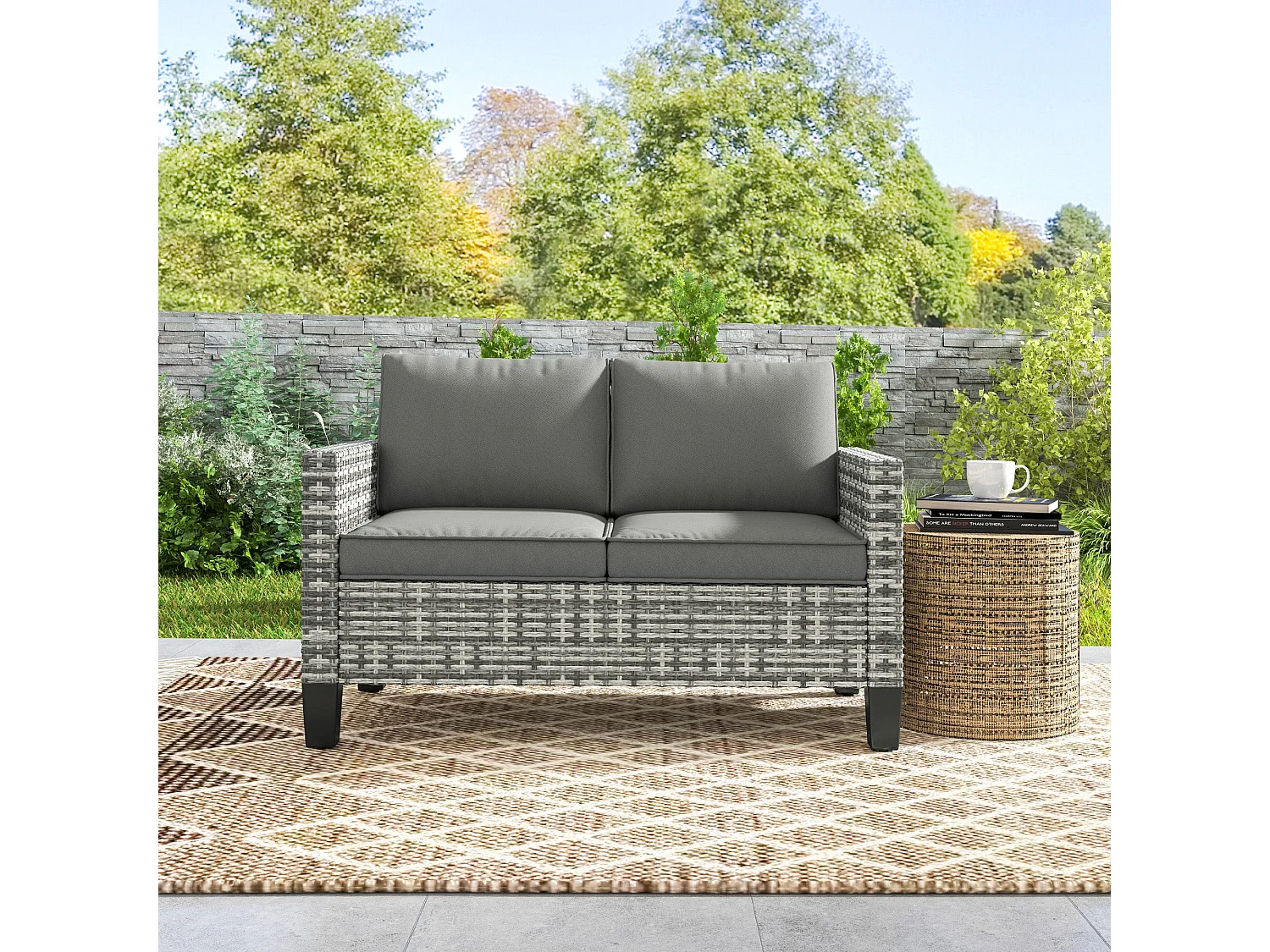 Kalazi 2 Seater Rattan Outdoor Sofa Light Grey with Cushions