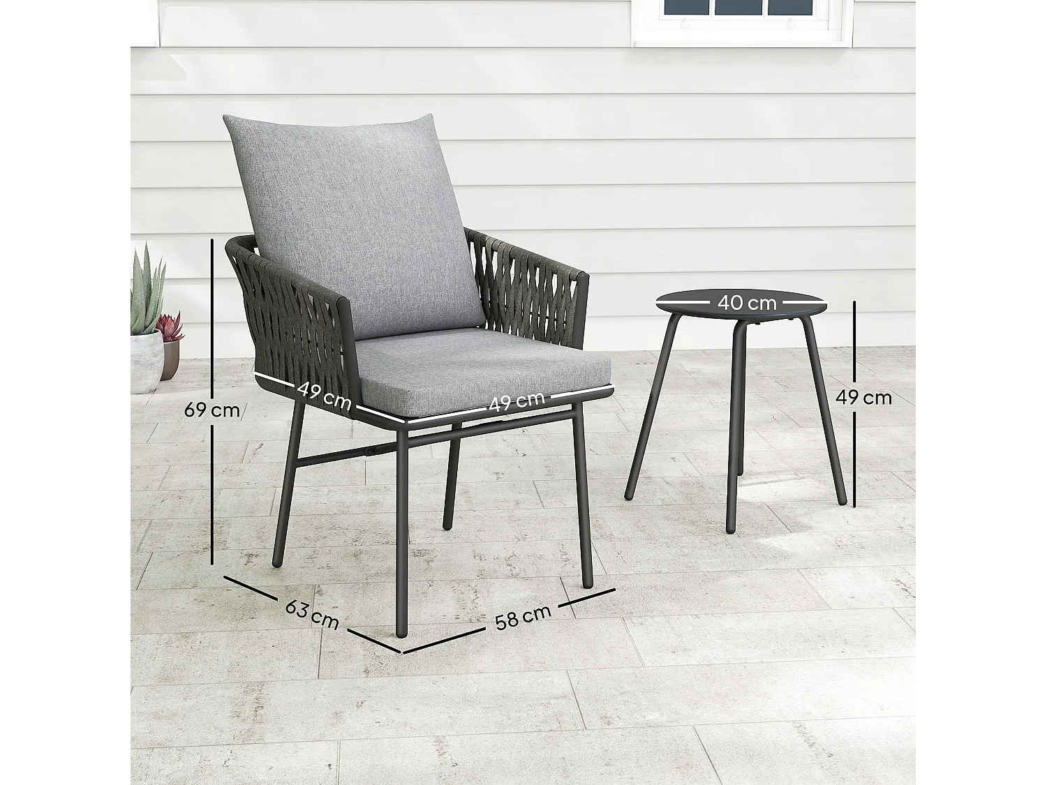Sunoco 3 Piece Grey Rattan Bistro Set 2 Chairs with Cushions and Glass Table