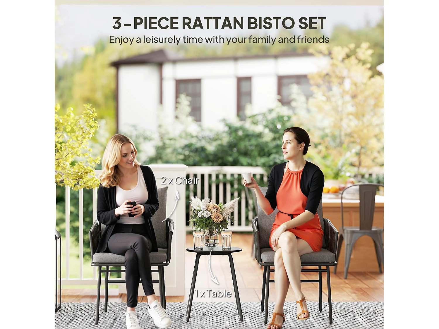 Sunoco 3 Piece Grey Rattan Bistro Set 2 Chairs with Cushions and Glass Table