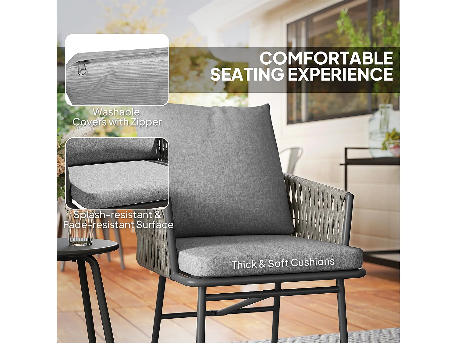 Sunoco 3 Piece Grey Rattan Bistro Set 2 Chairs with Cushions and Glass Table
