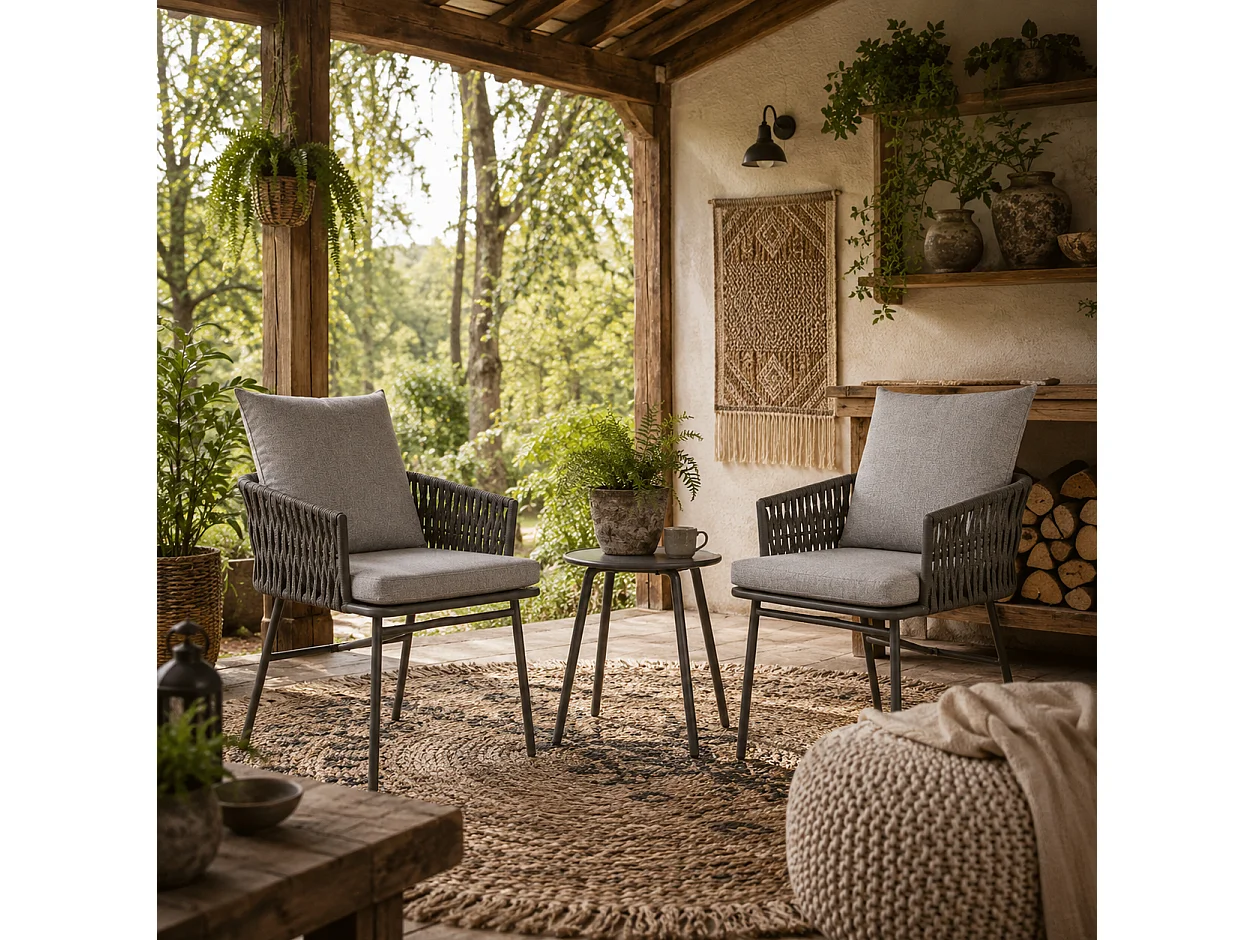 Sunoco 3 Piece Grey Rattan Bistro Set 2 Chairs with Cushions and Glass Table