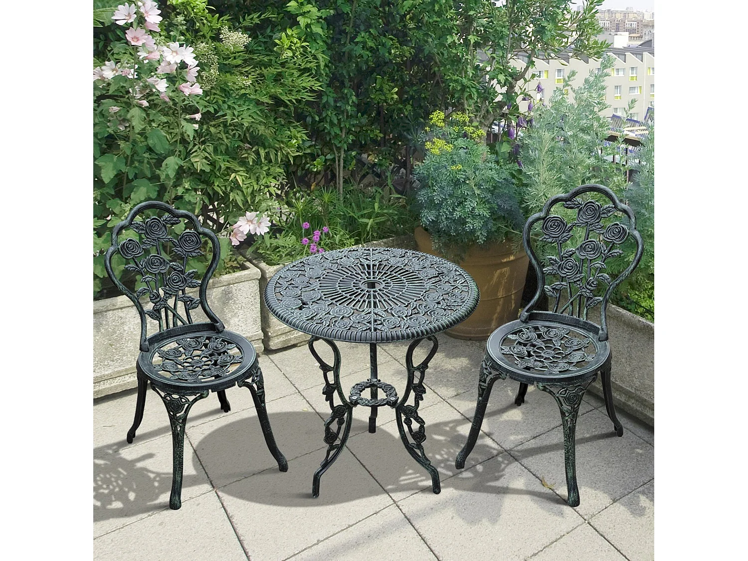 Lafira 3 Piece Cast Aluminium Garden Bistro Set in Antique Green