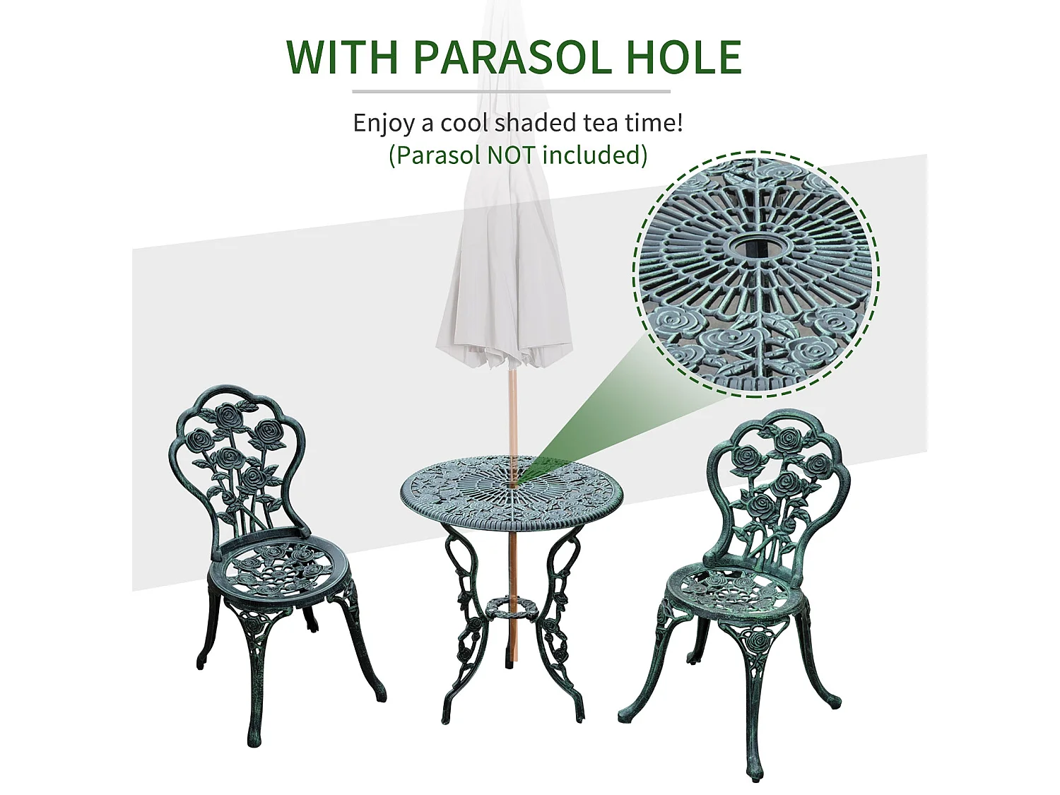 Lafira 3 Piece Cast Aluminium Garden Bistro Set in Antique Green