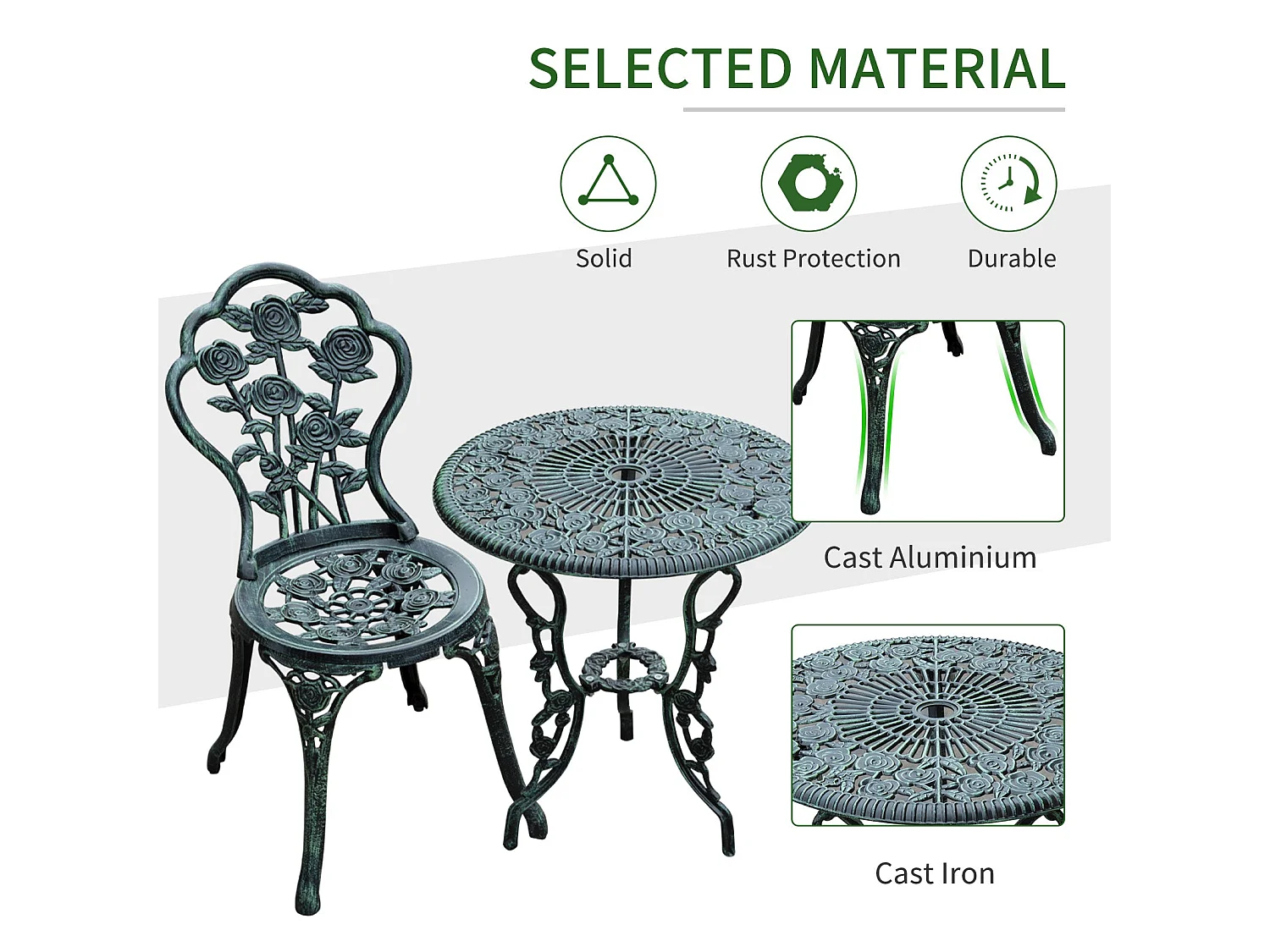 Lafira 3 Piece Cast Aluminium Garden Bistro Set in Antique Green