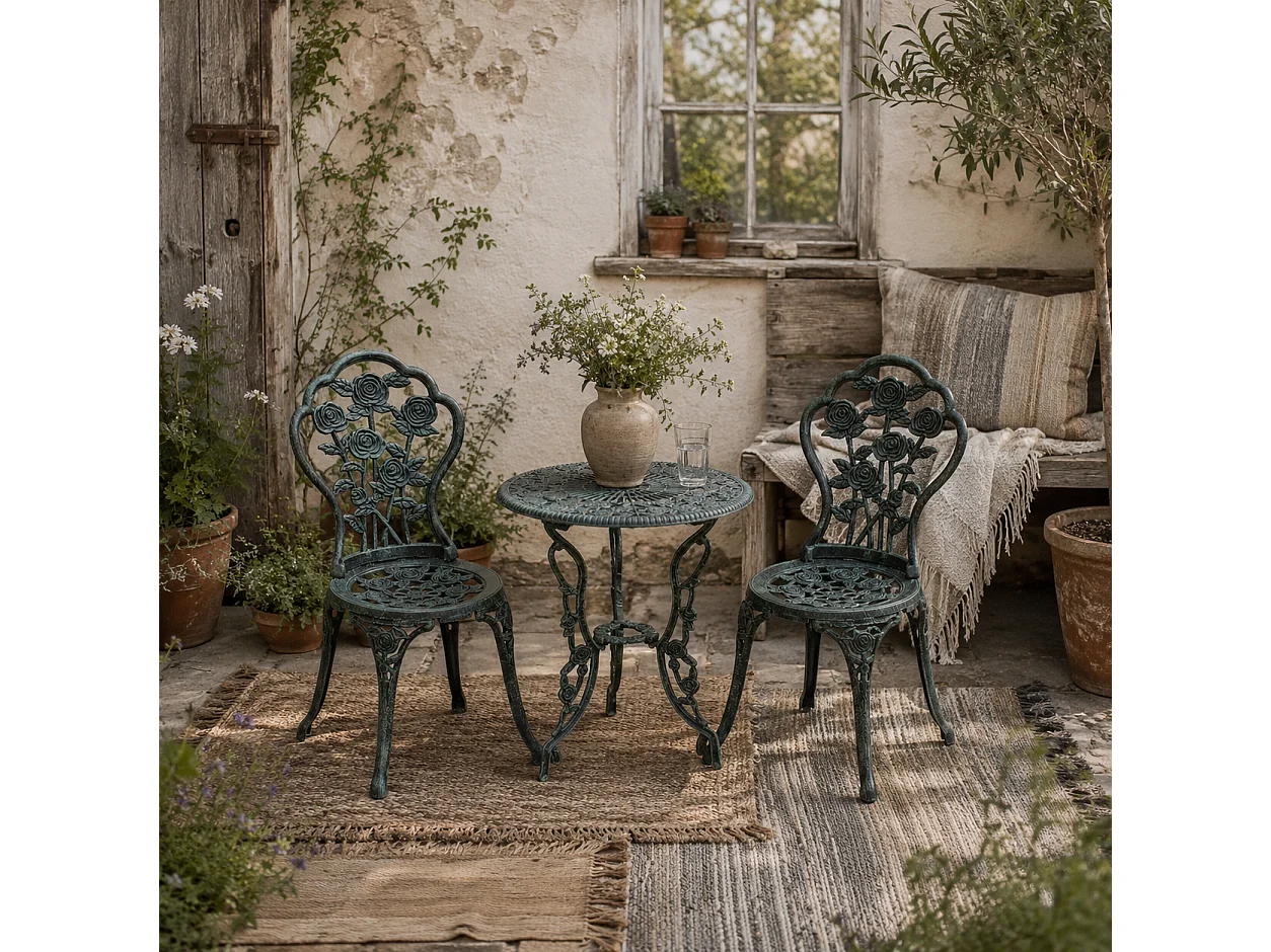 Lafira 3 Piece Cast Aluminium Garden Bistro Set in Antique Green