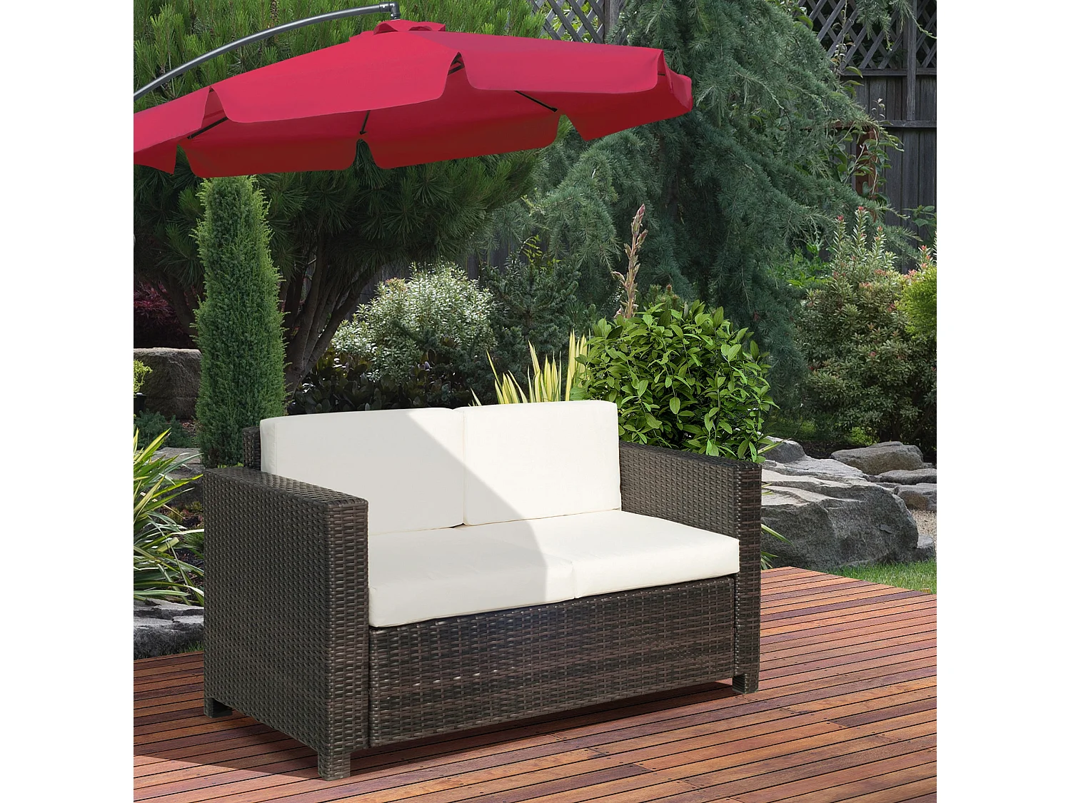 Sese 2 Seater Outdoor Rattan Sofa Brown with White Cushions