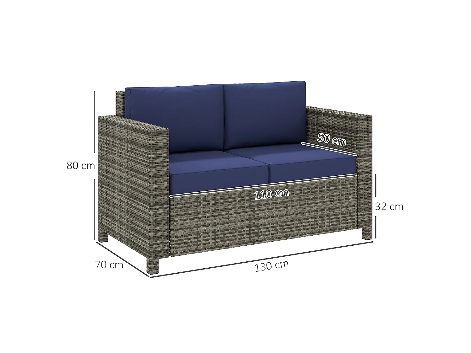 Vata 2 Seater Rattan Outdoor Sofa Navy Blue cushions
