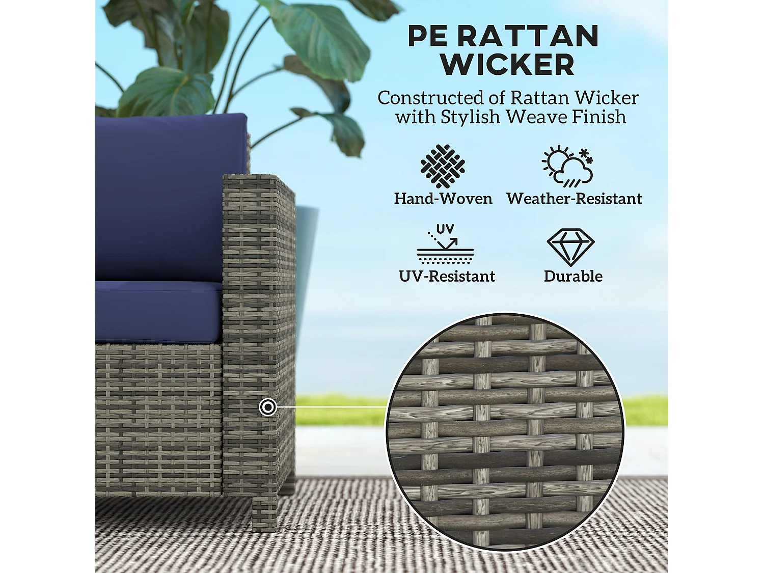 Vata 2 Seater Rattan Outdoor Sofa Navy Blue cushions