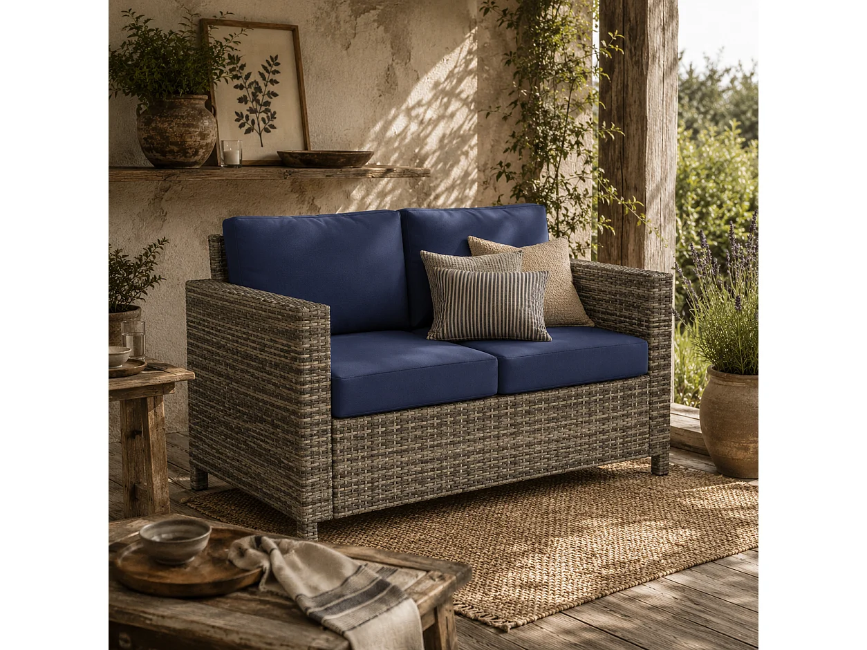 Vata 2 Seater Rattan Outdoor Sofa Navy Blue cushions