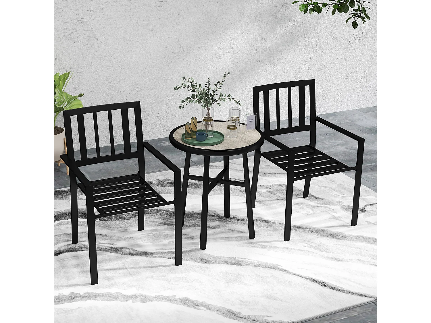 Nalane 3 Piece Patio Bistro Set Round PSPC Table with 2 Stackable Slatted Chairs