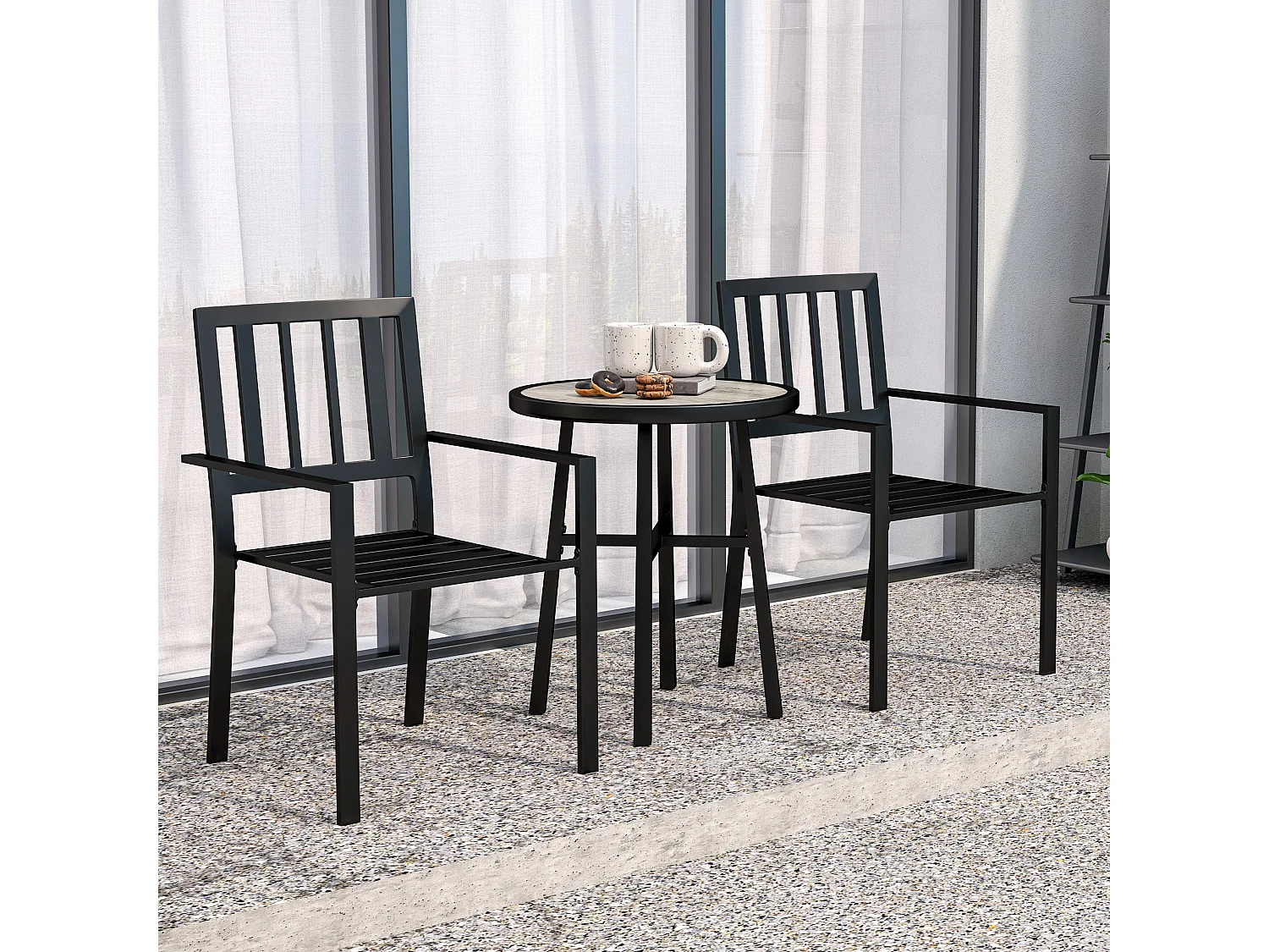 Nalane 3 Piece Patio Bistro Set Round PSPC Table with 2 Stackable Slatted Chairs