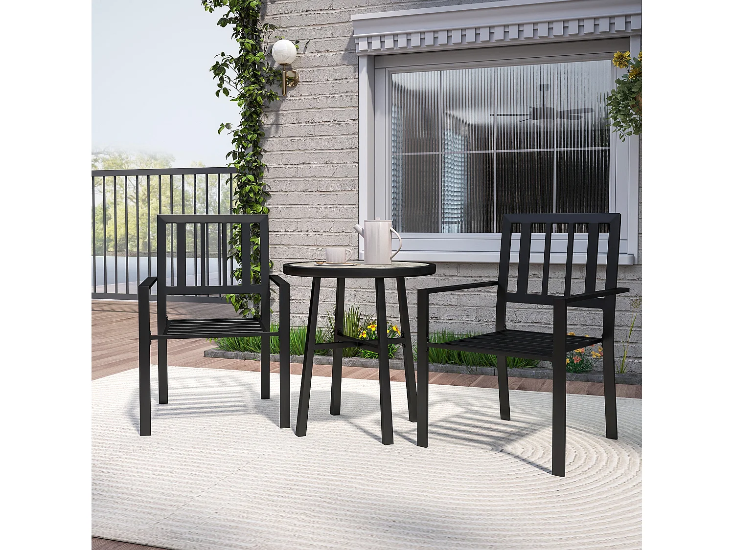 Nalane 3 Piece Patio Bistro Set Round PSPC Table with 2 Stackable Slatted Chairs