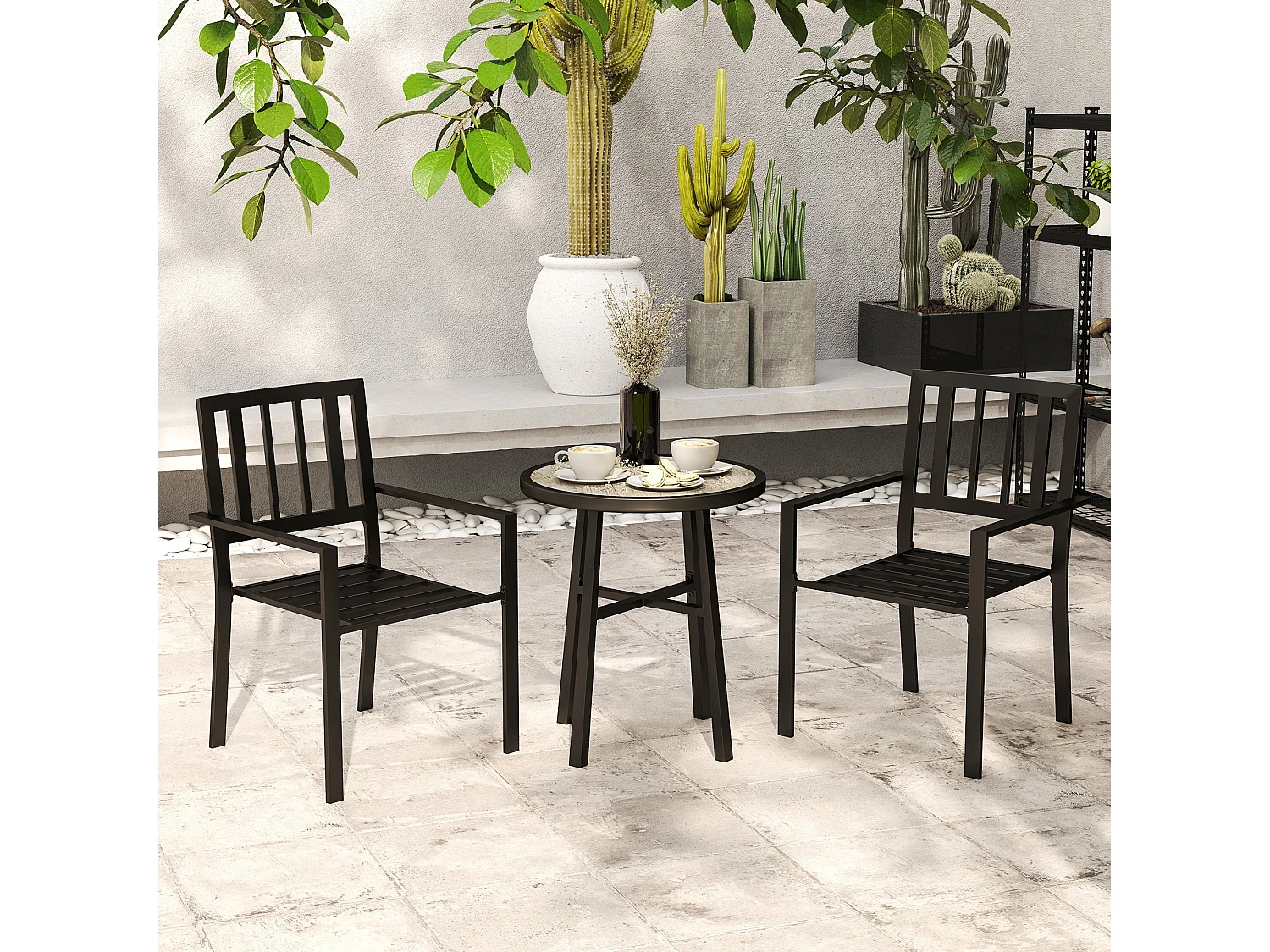 Nalane 3 Piece Patio Bistro Set Round PSPC Table with 2 Stackable Slatted Chairs