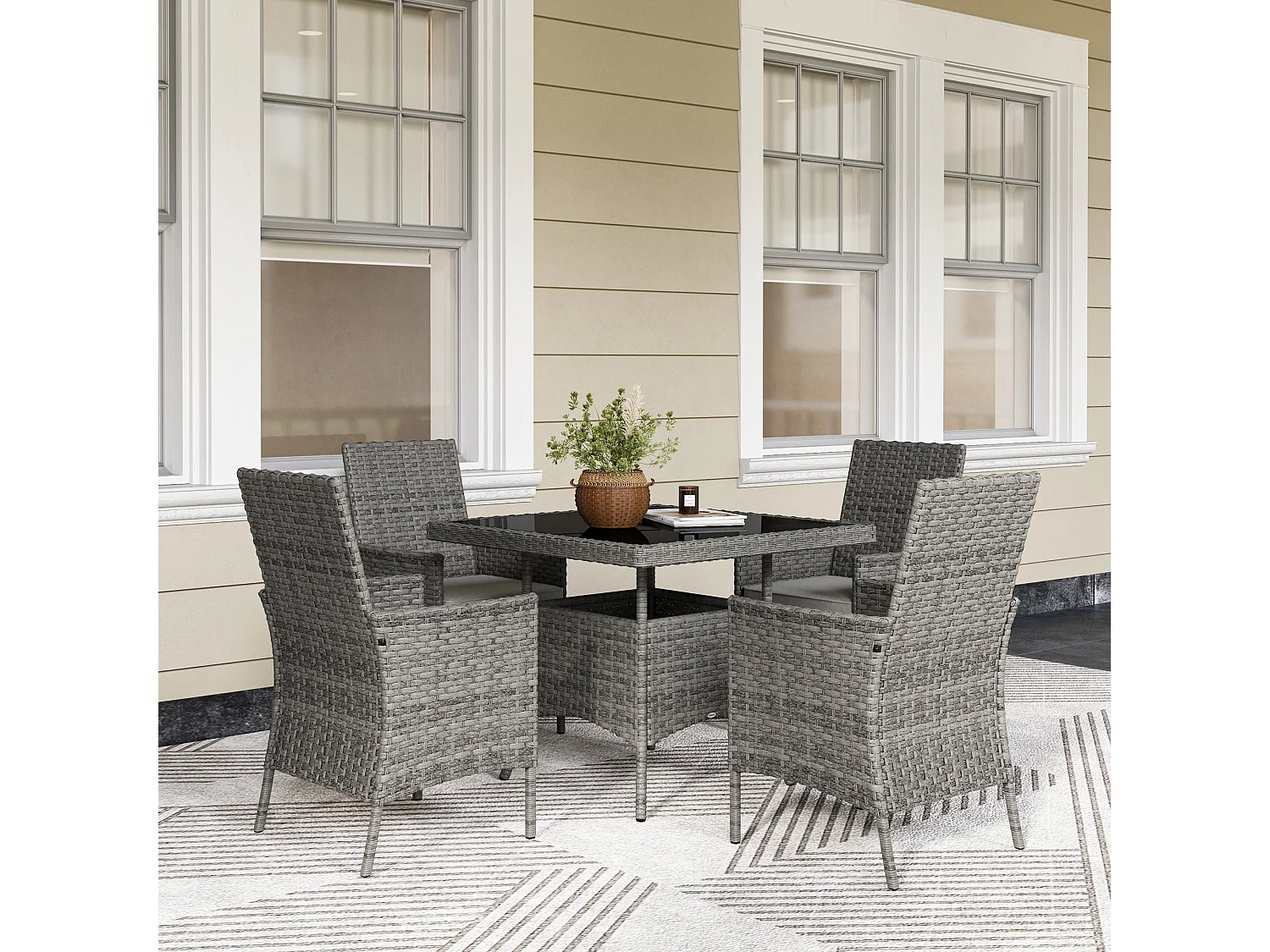 Noha Grey Rattan 4 Seater Outdoor Dining Set with Square Tempered Glass Table