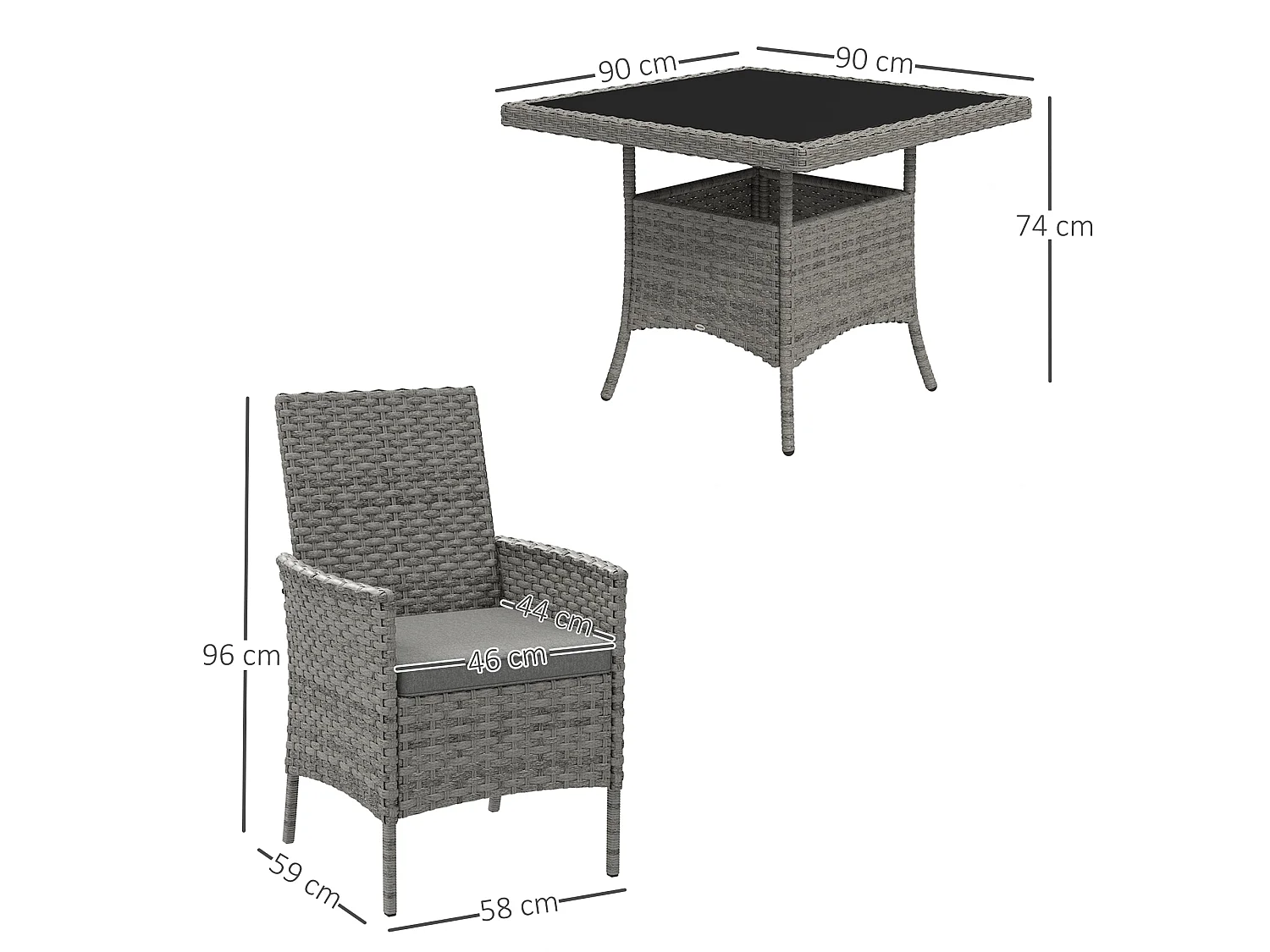 Noha Grey Rattan 4 Seater Outdoor Dining Set with Square Tempered Glass Table