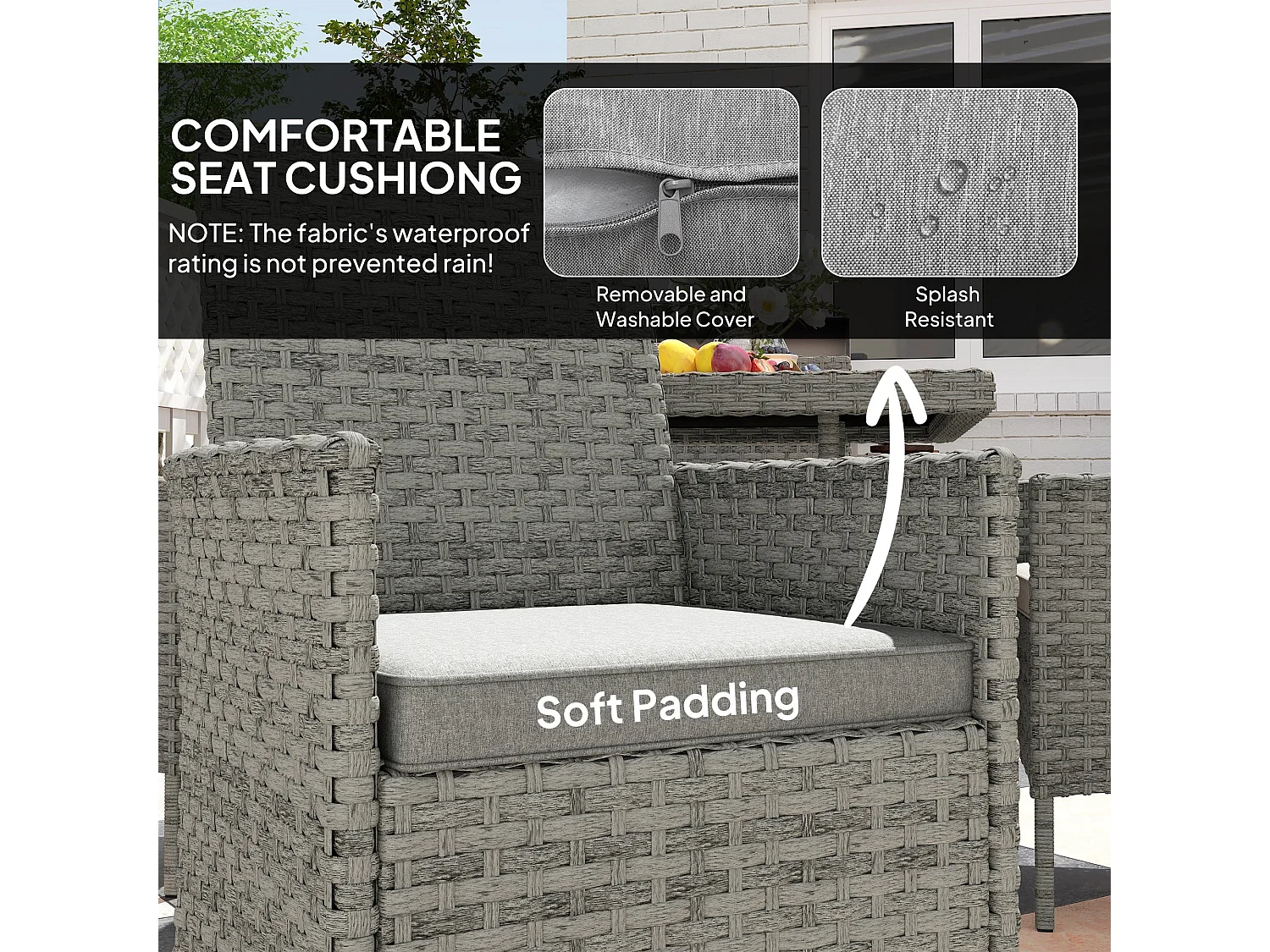 Noha Grey Rattan 4 Seater Outdoor Dining Set with Square Tempered Glass Table