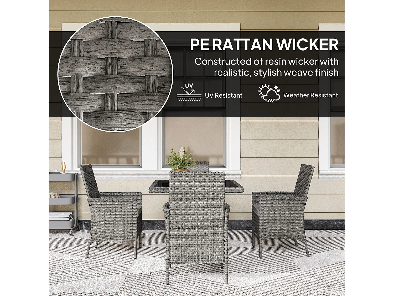 Noha Grey Rattan 4 Seater Outdoor Dining Set with Square Tempered Glass Table