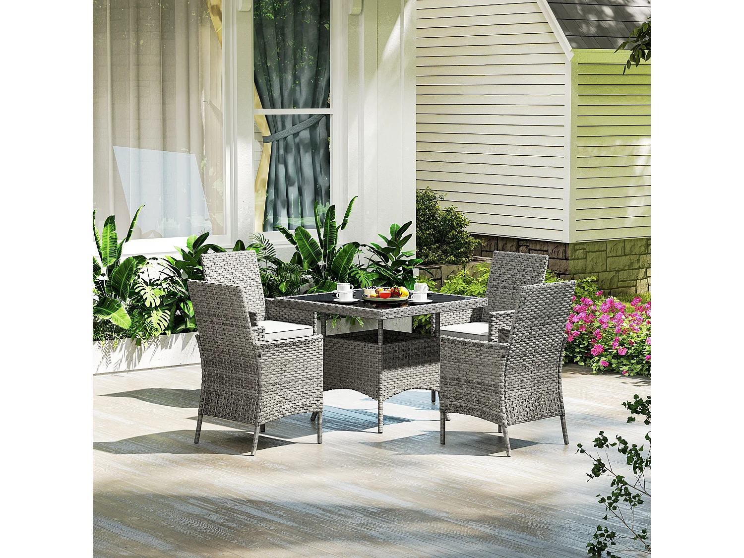 Noha Grey Rattan 4 Seater Outdoor Dining Set with Square Tempered Glass Table