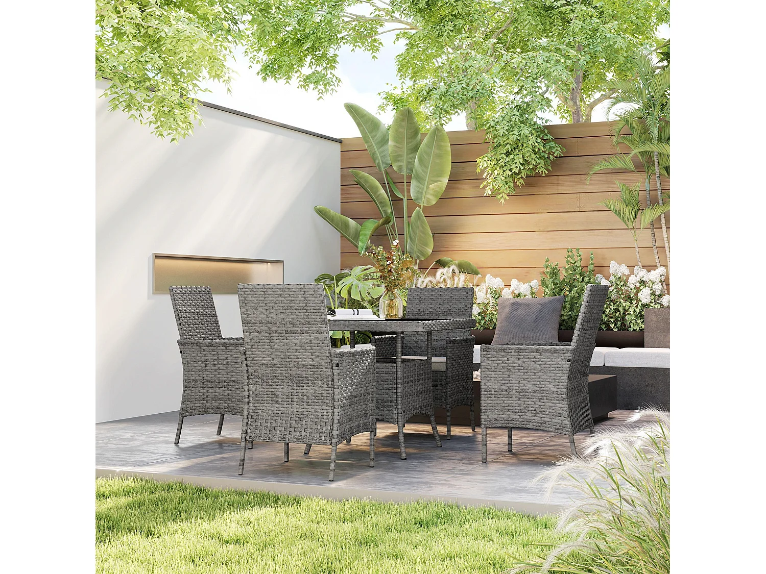 Noha Grey Rattan 4 Seater Outdoor Dining Set with Square Tempered Glass Table