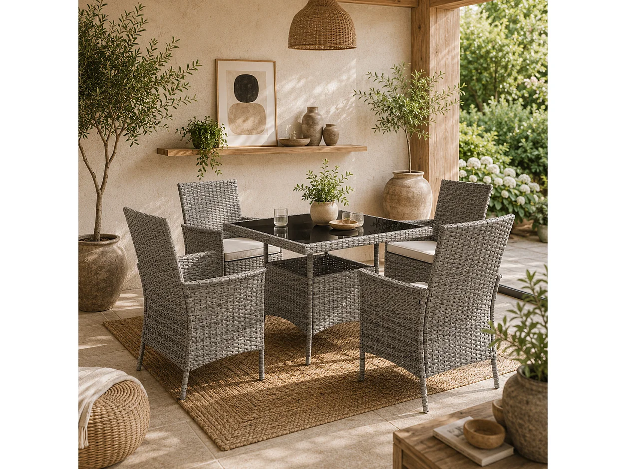 Noha Grey Rattan 4 Seater Outdoor Dining Set with Square Tempered Glass Table