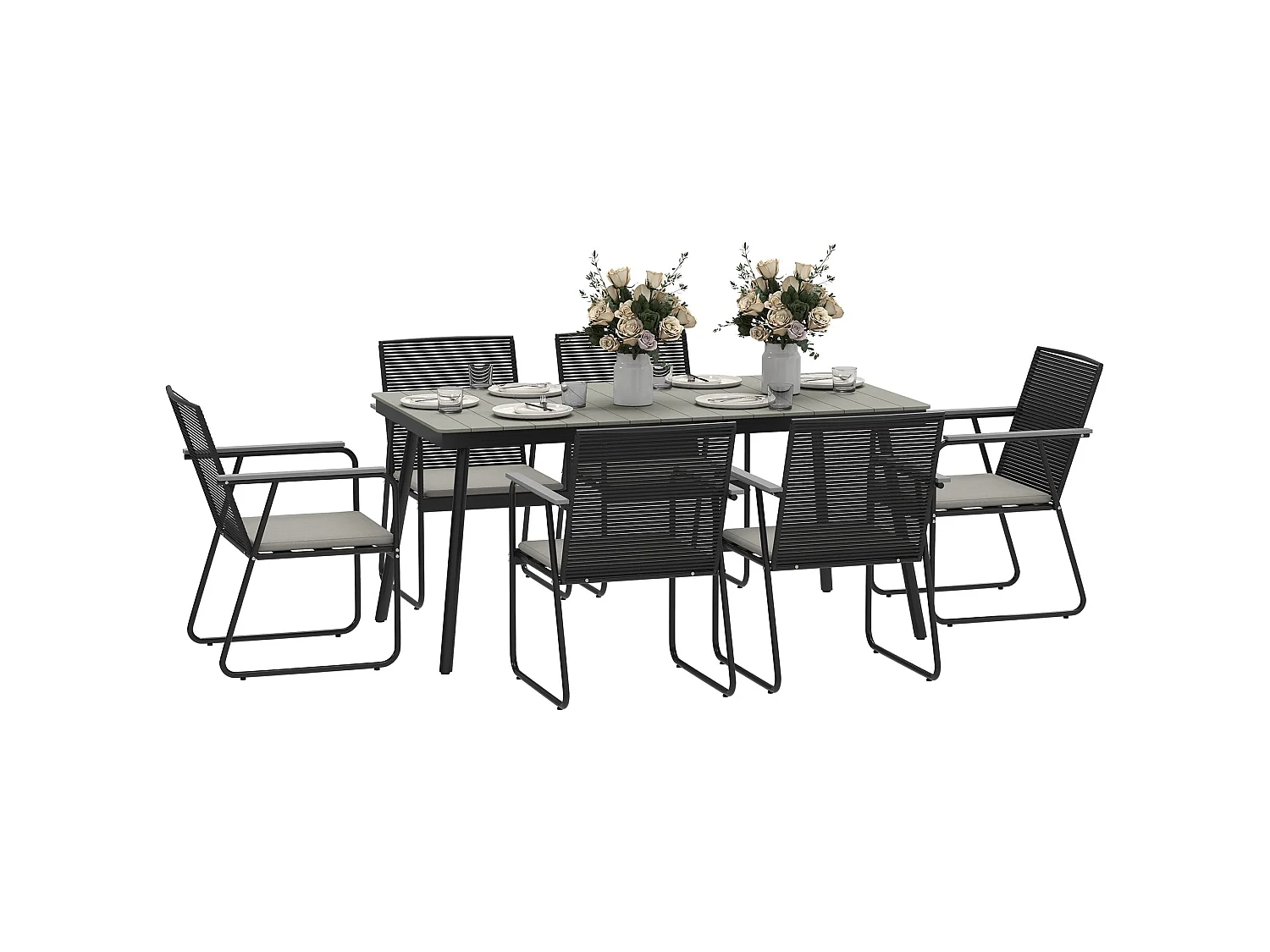 Karutte 6 Seater Outdoor Dining Set Rectangular WPC Table Rattan Back Cushioned Chairs Grey/Black