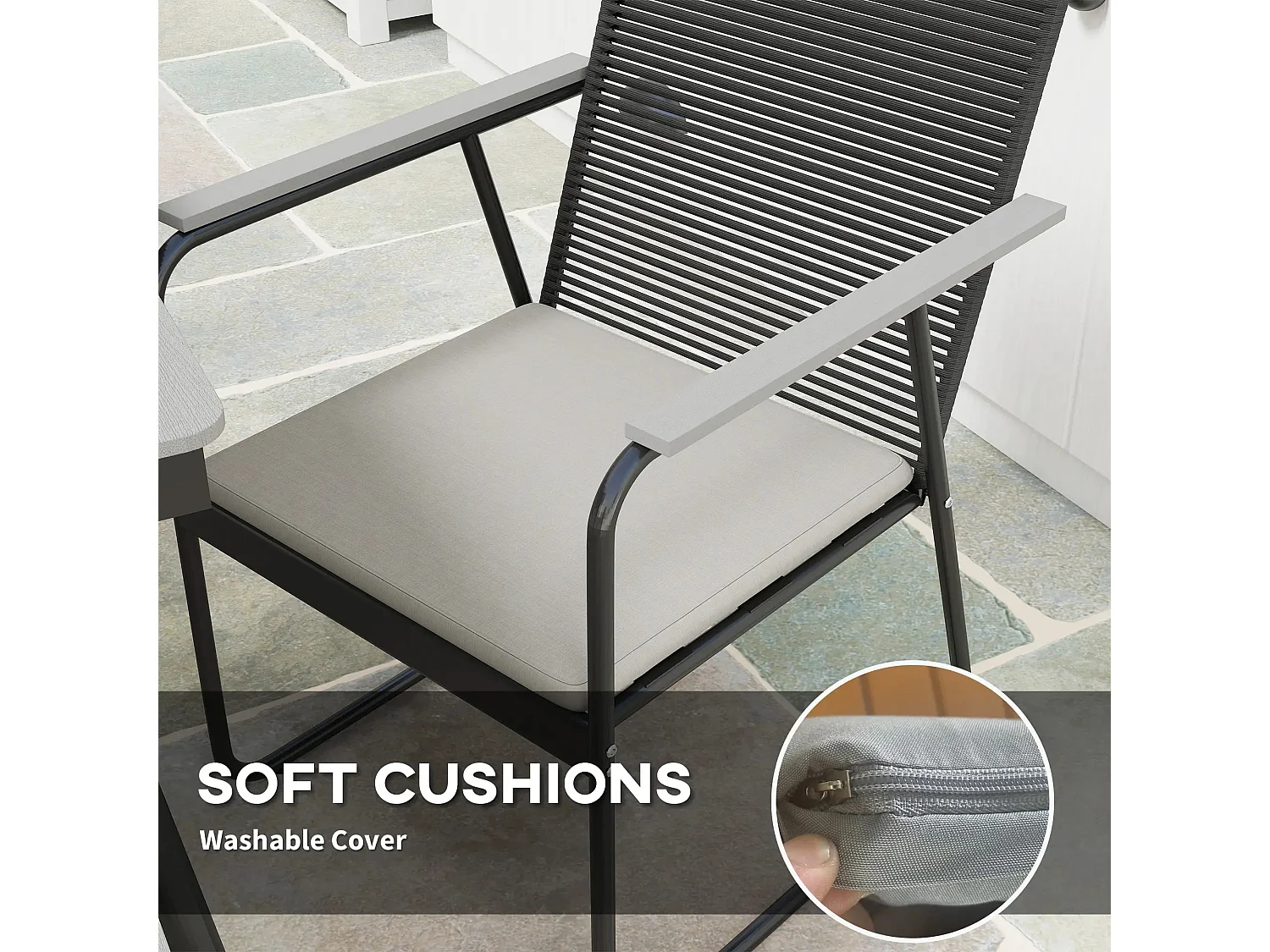 Karutte 6 Seater Outdoor Dining Set Rectangular WPC Table Rattan Back Cushioned Chairs Grey/Black