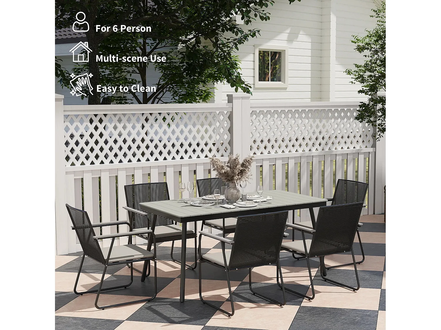 Karutte 6 Seater Outdoor Dining Set Rectangular WPC Table Rattan Back Cushioned Chairs Grey/Black