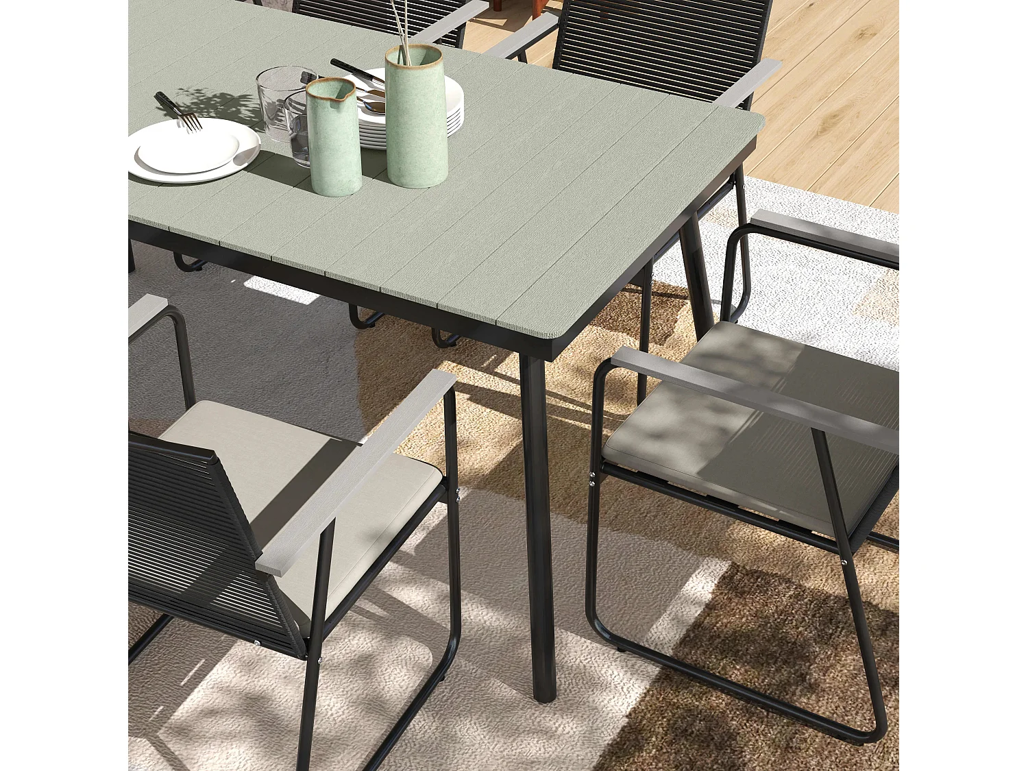 Karutte 6 Seater Outdoor Dining Set Rectangular WPC Table Rattan Back Cushioned Chairs Grey/Black