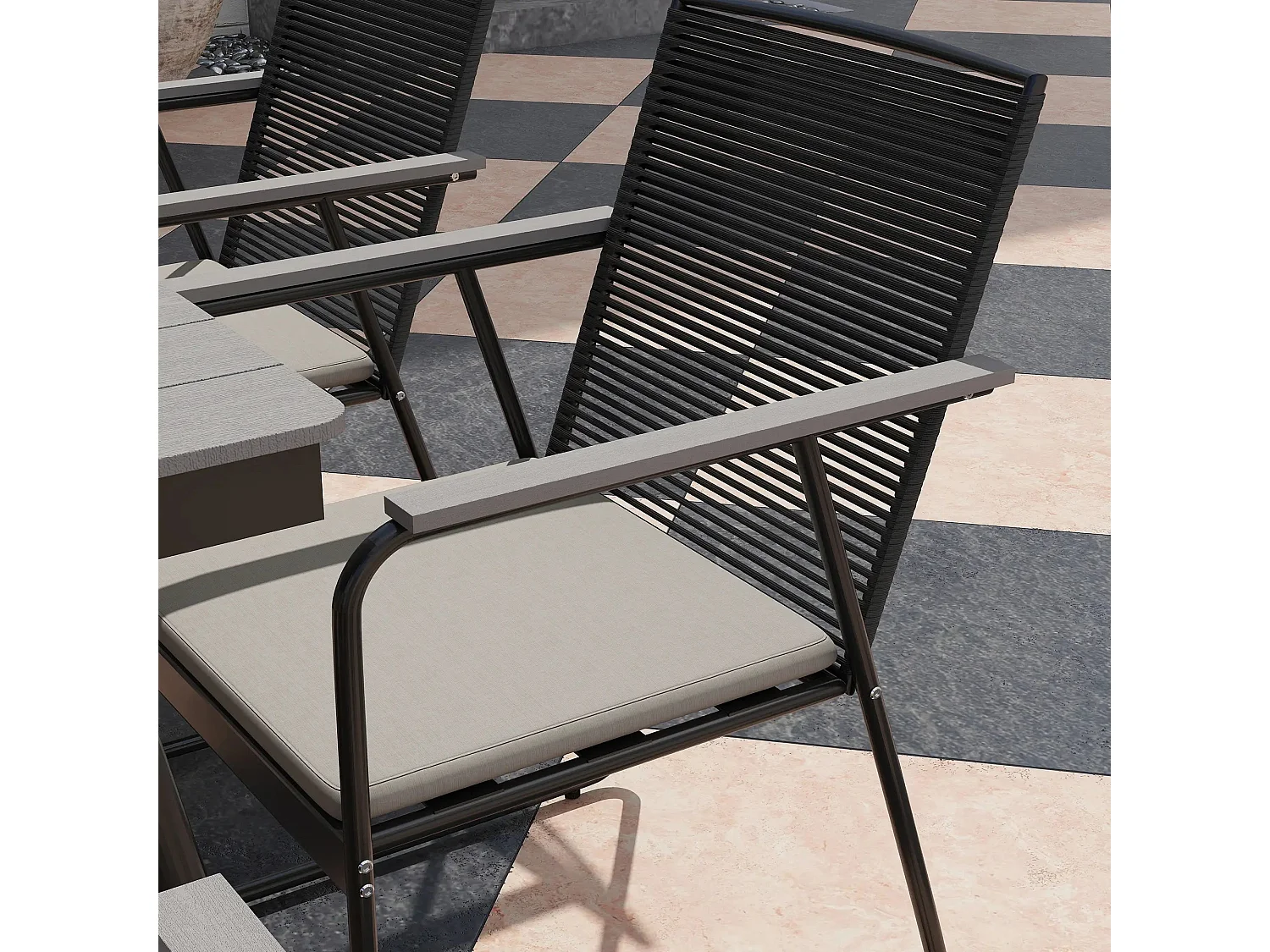Karutte 6 Seater Outdoor Dining Set Rectangular WPC Table Rattan Back Cushioned Chairs Grey/Black