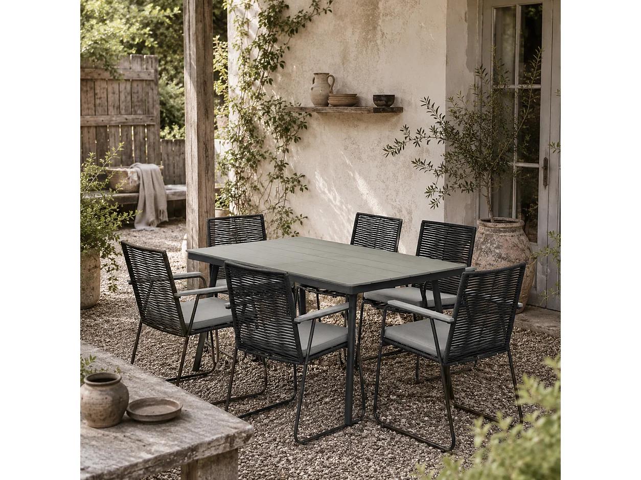 Karutte 6 Seater Outdoor Dining Set Rectangular WPC Table Rattan Back Cushioned Chairs Grey/Black