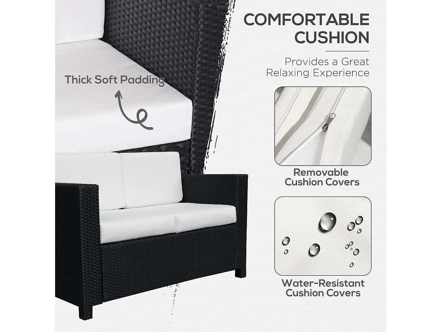 Toha Rattan 2 Seater Outdoor Sofa Black with Cream Cushions