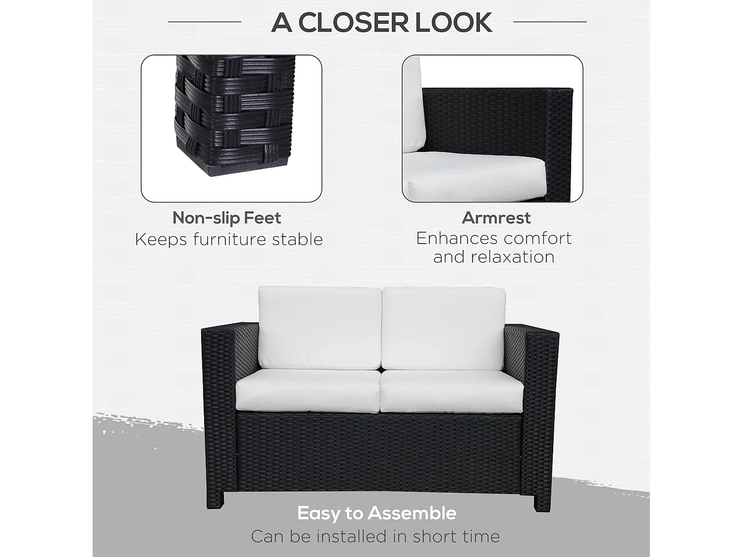 Toha Rattan 2 Seater Outdoor Sofa Black with Cream Cushions