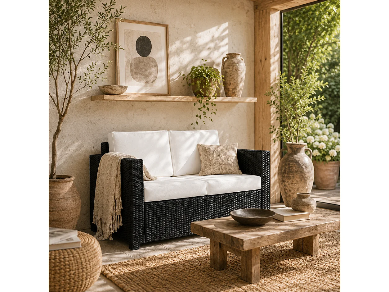Toha Rattan 2 Seater Outdoor Sofa Black with Cream Cushions
