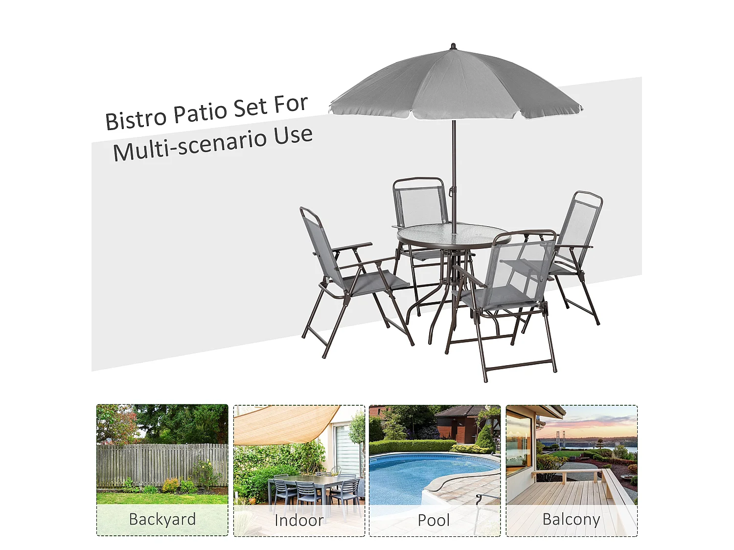Misotte 4 Seater Outdoor Dining Set Folding Mesh Chairs Round Tempered Glass Table Parasol